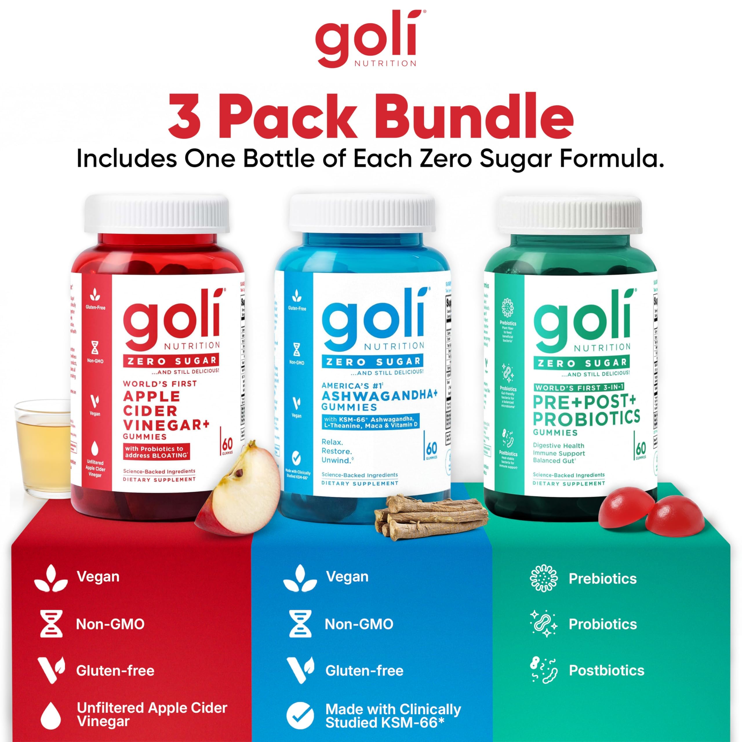 Goli Zero Sugar Trio 3-in-1 Probiotic ACV Gummies 180ct