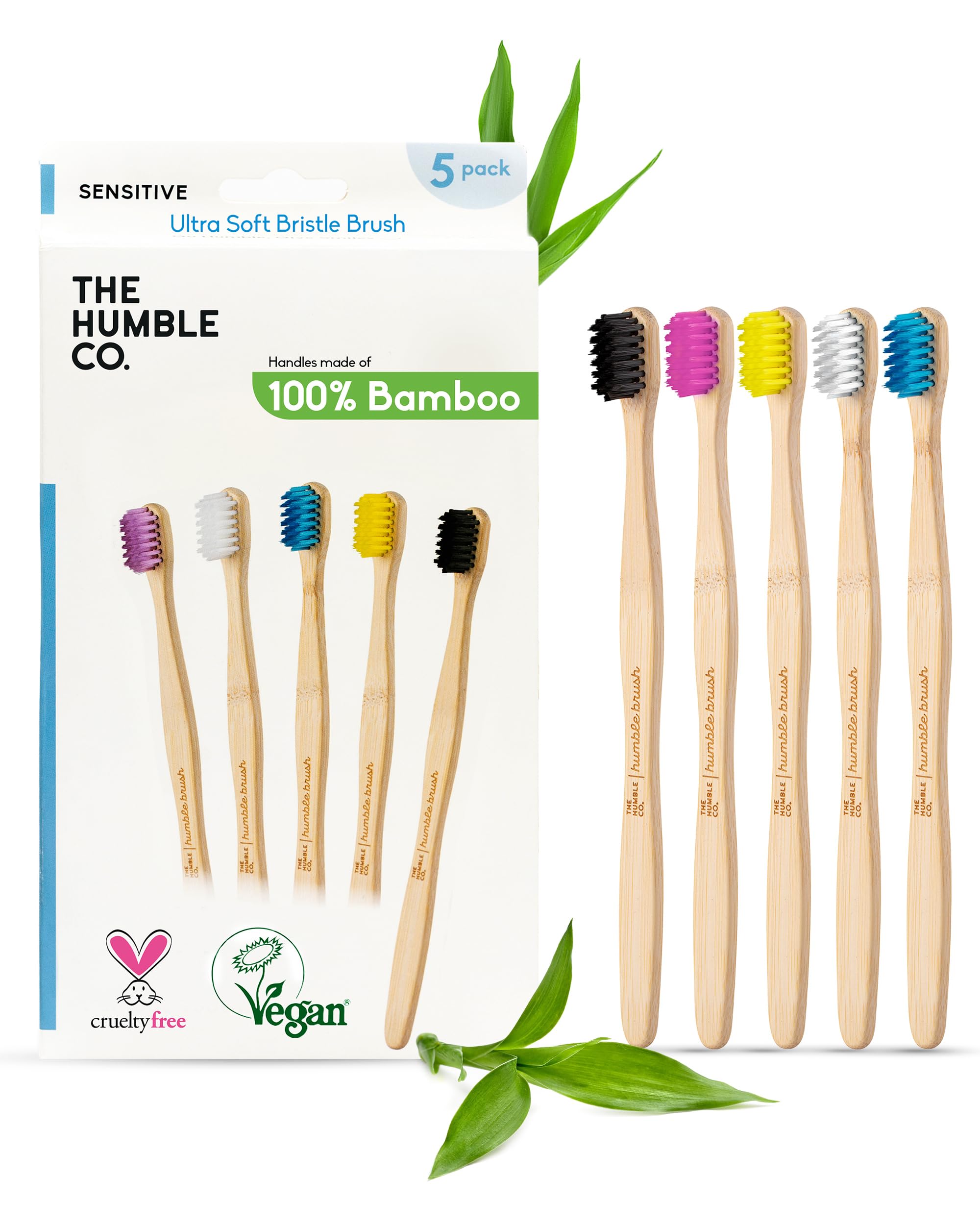 Set of five The Humble Co. bamboo toothbrushes with ultra-soft bristles, BPA-free eco-friendly toothbrushes for gentle cleaning.