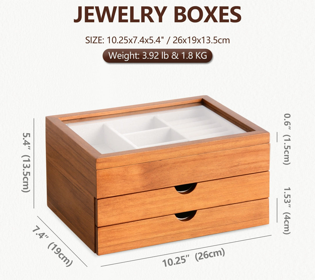 Clasin Home Jewelry Box with Glass Lid, 3 Layer Jewelry Organizer for Women, Solid Wooden Jewelry Box Display for Ring E