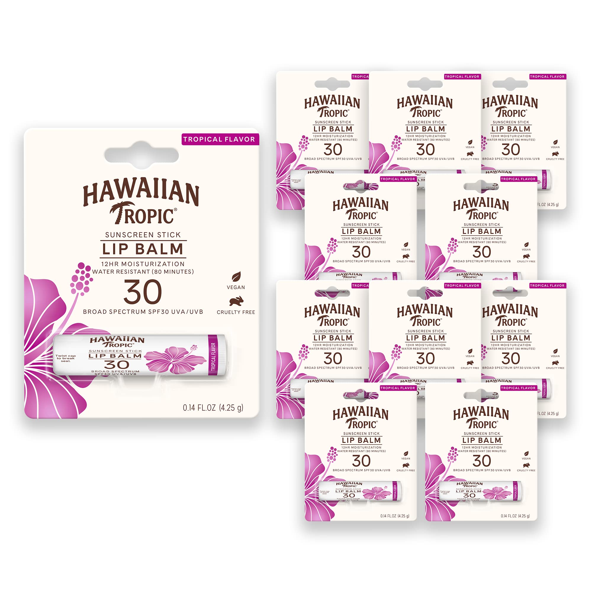 Hawaiian Tropic Tropical Sunscreen Lip Balm SPF 30, 0.14 Oz (Pack of 10)