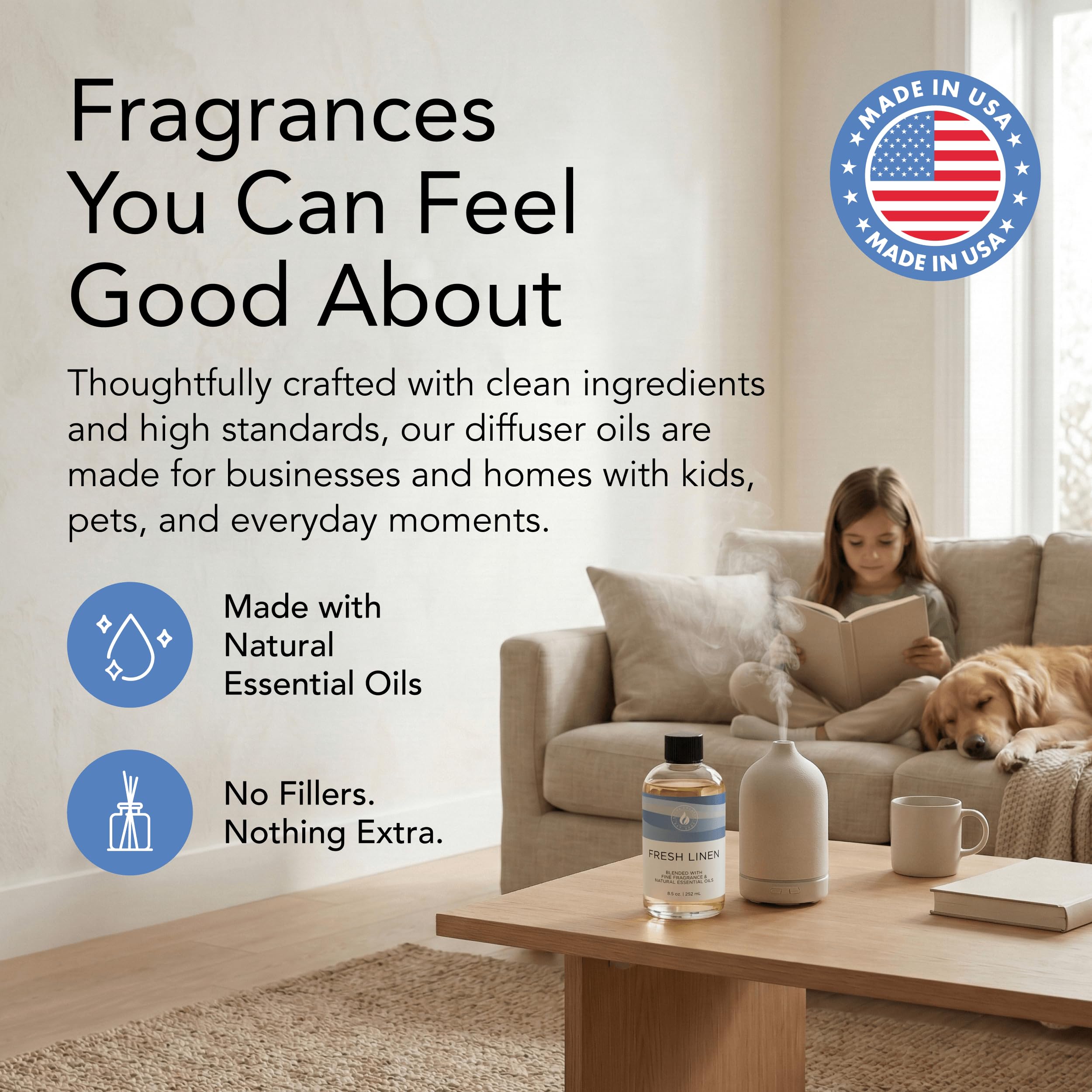 Aroma Country Fresh Linen Essential Oil diffuser refill bottle, 8.5 oz, with clear label and decorative cap for home fragrance.