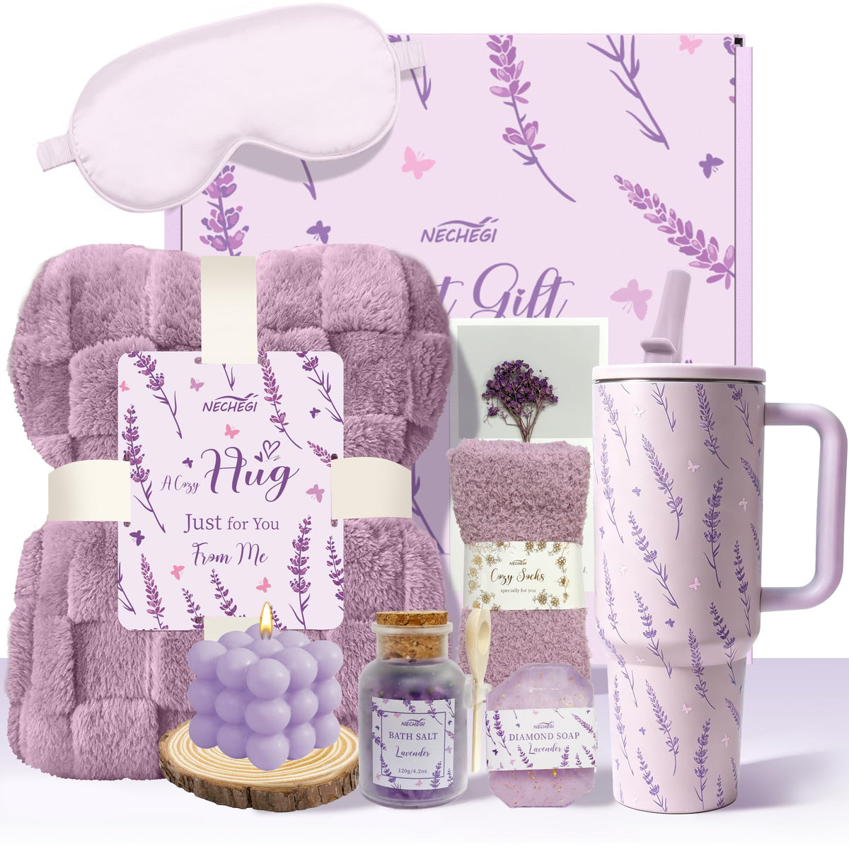Lavender Spa Gift Basket for Women 50x60 Blanket 40oz - NECHEGI Official Imagery - 1
