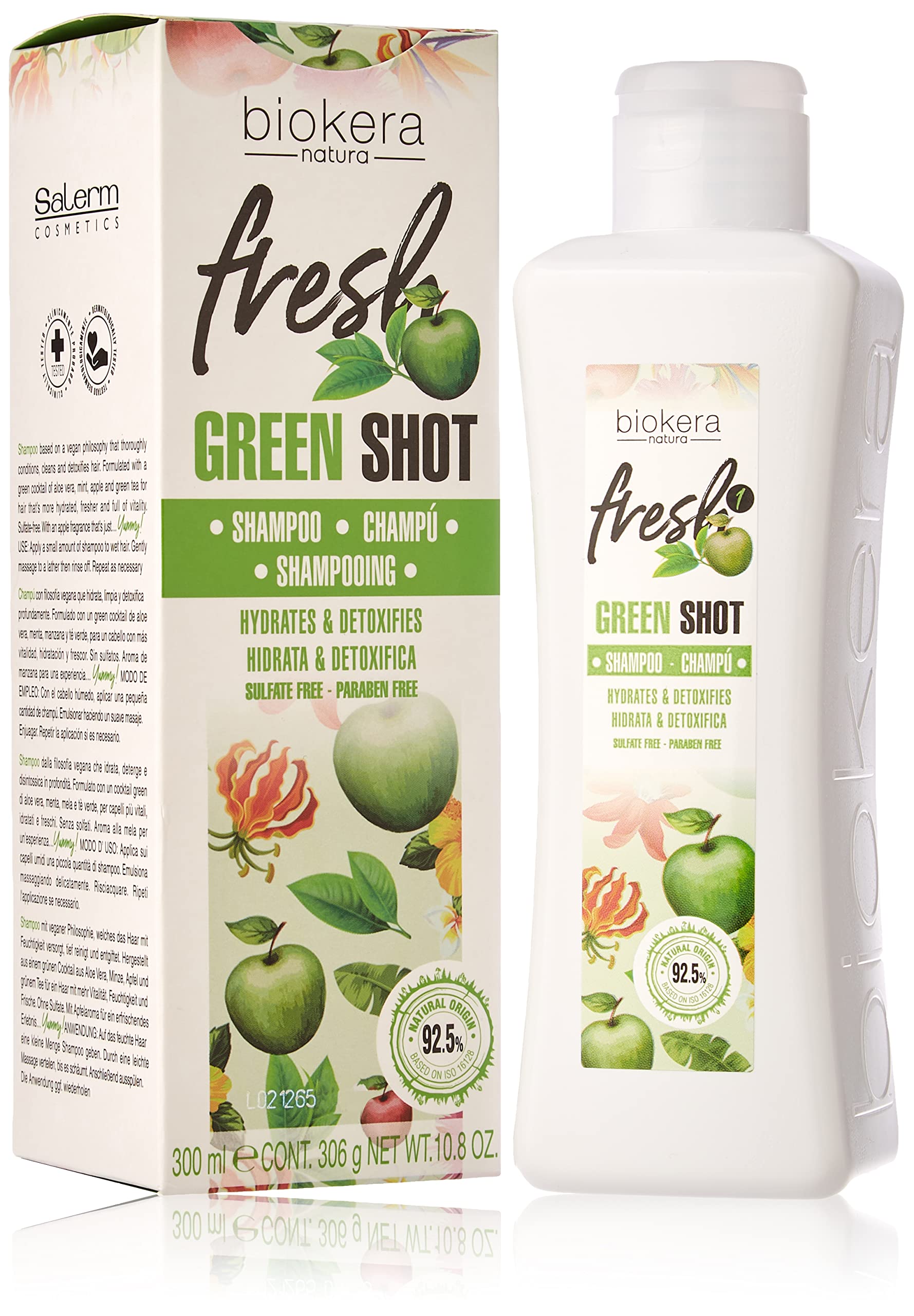 Salerm Biokera Fresh Green Shot shampoo for unisex, 10.8 oz, with vibrant green formula in a sleek bottle.
