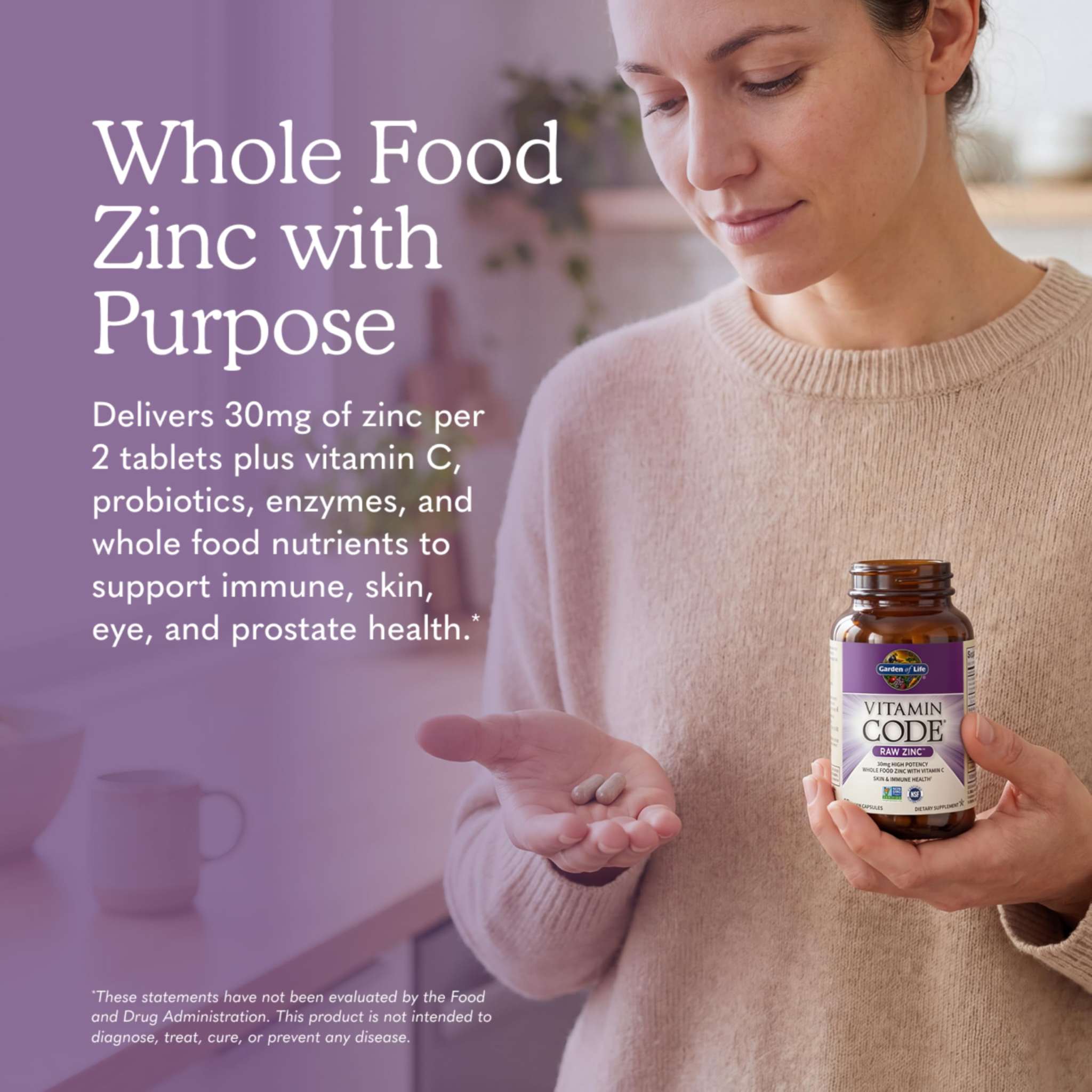 Garden of Life RAW Zinc 30mg and Vitamin C vegan supplement capsules, close-up of the dietary supplement container.