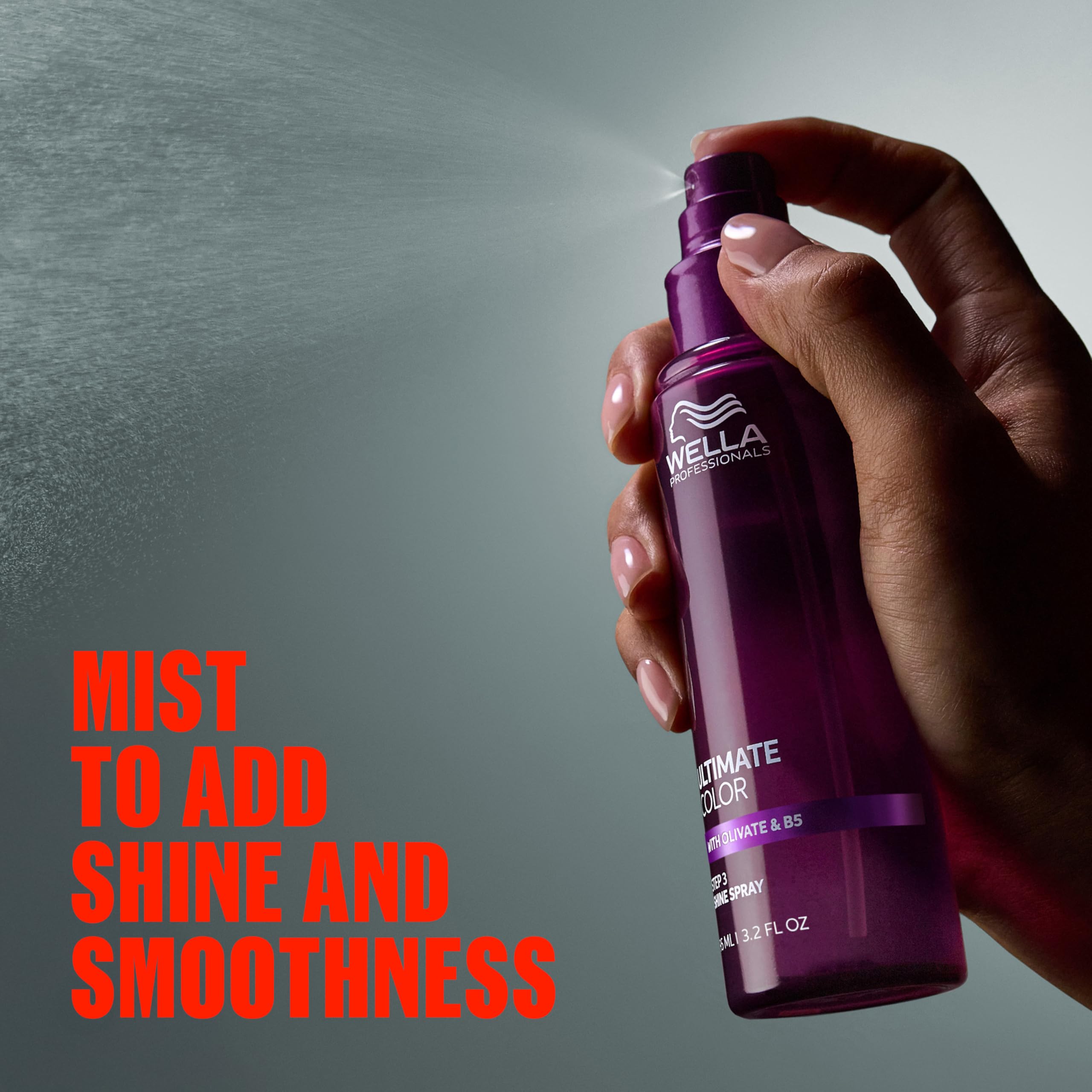Wella Professionals Ultimate Color Shine Spray for smoother, shiny hair, styled with the hair styling agent in a sleek bottle.