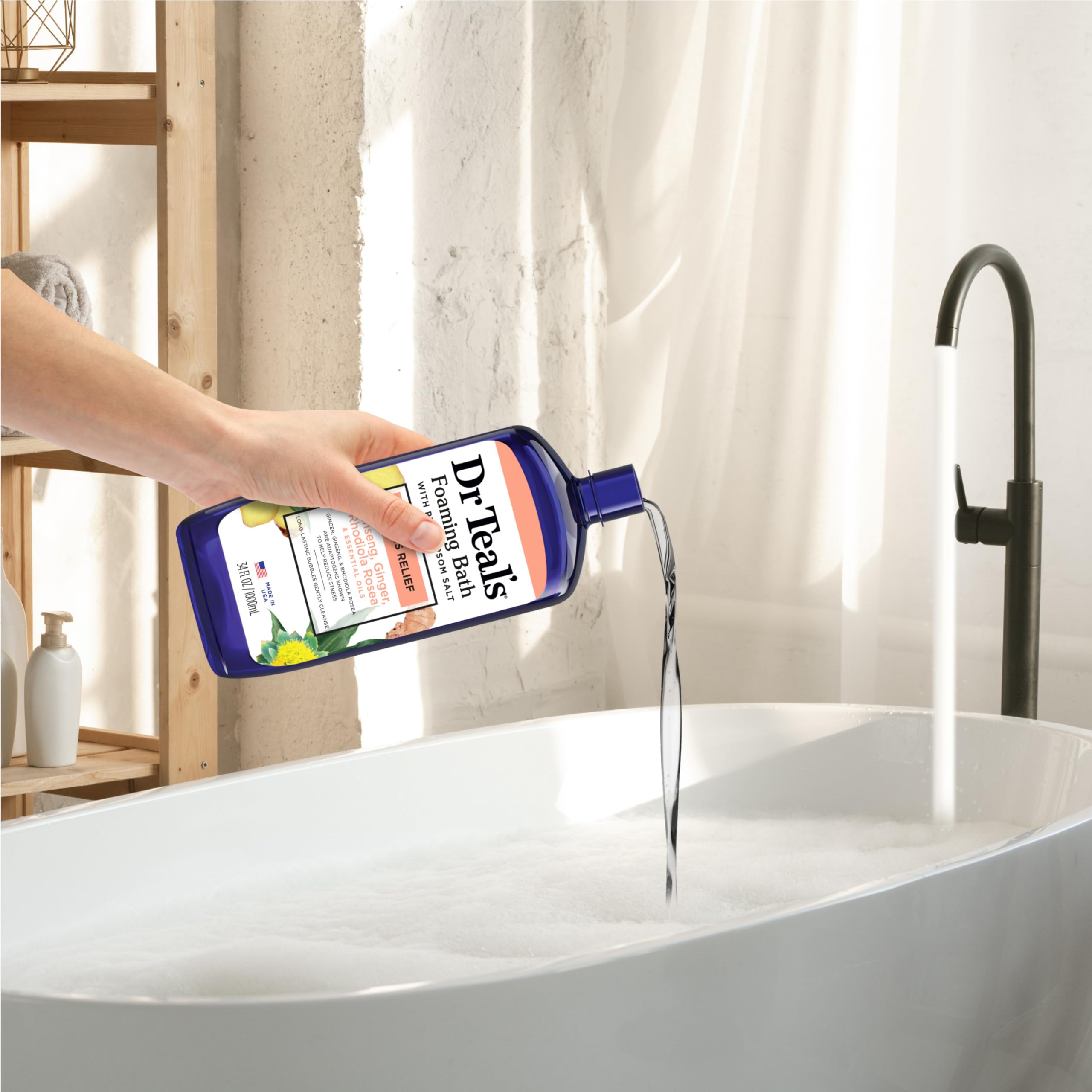 Dr Teal's foaming bath with Epsom salt, ginseng, and ginger in a 34 fl oz bottle, shown as a pack of four for stress relief.