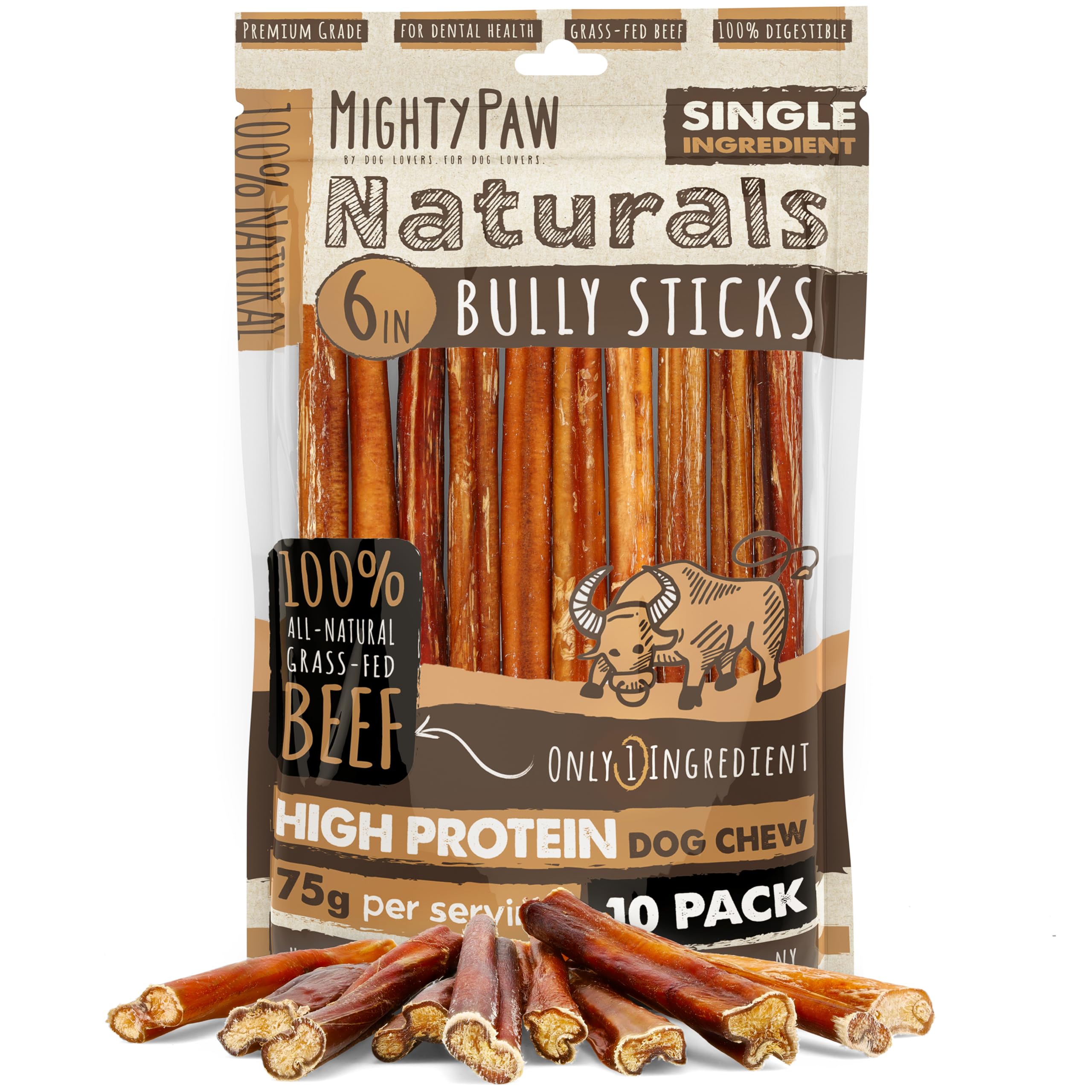 Mighty Paw Naturals Bully Sticks for Small, Medium & Large Dogs, - Product Imagery