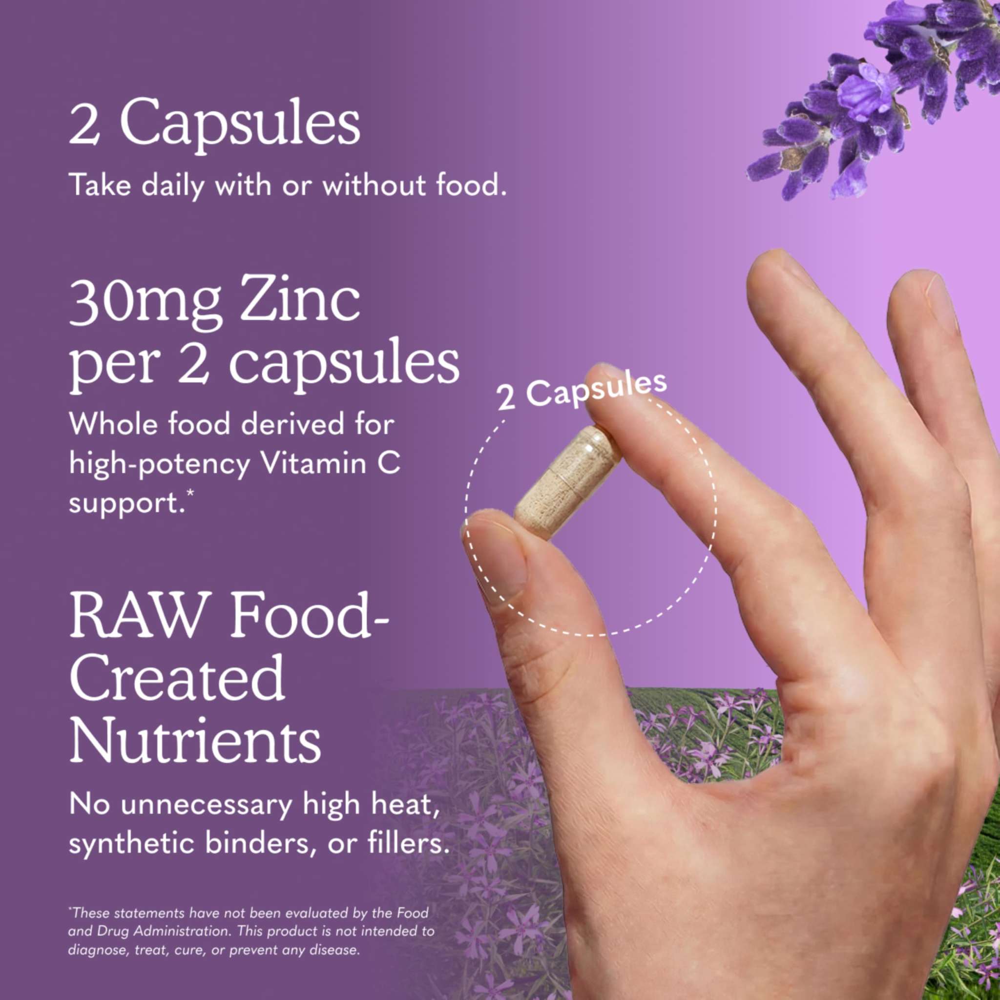 Garden of Life RAW Zinc 30mg and Vitamin C 60 vegan capsules, dietary supplement for immune support and overall health.