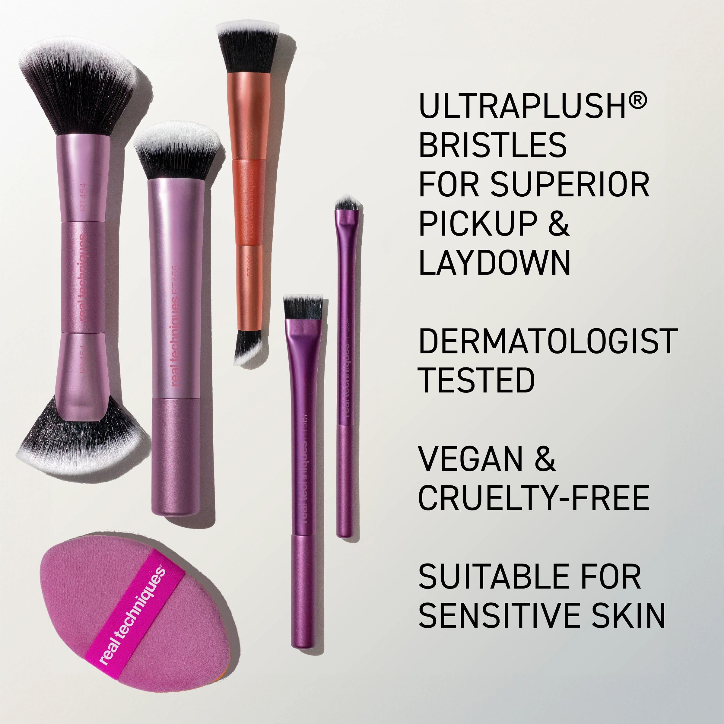Real Techniques Big Blends Energy Brush and dual-sided puff kit, 6-piece cosmetic brush set for blending and applying makeup.
