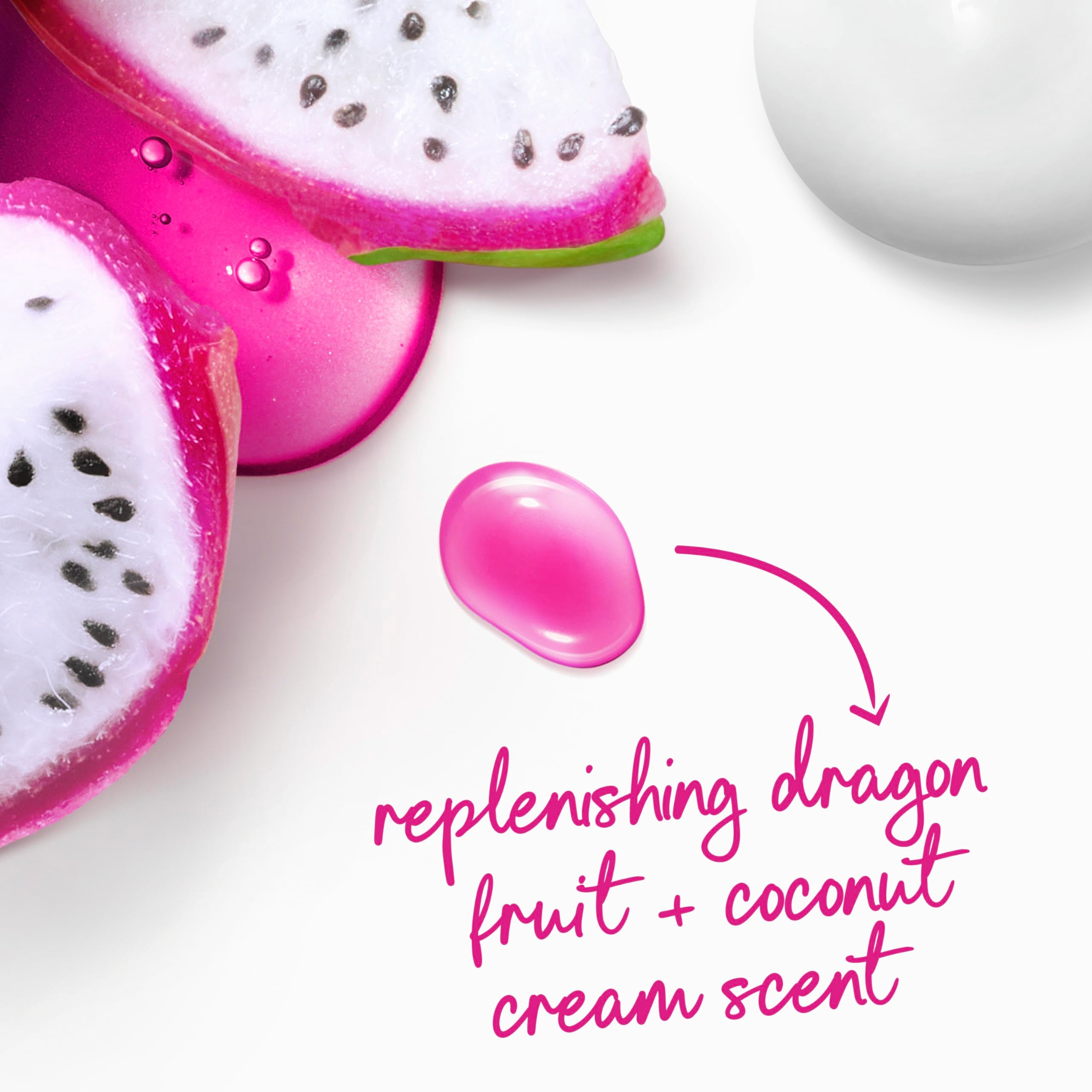 Dove Dragon Fruit & Coconut Cream Body Wash 4-pack with creamy, fruity liquid in clear bottles, showcasing fresh ingredients.