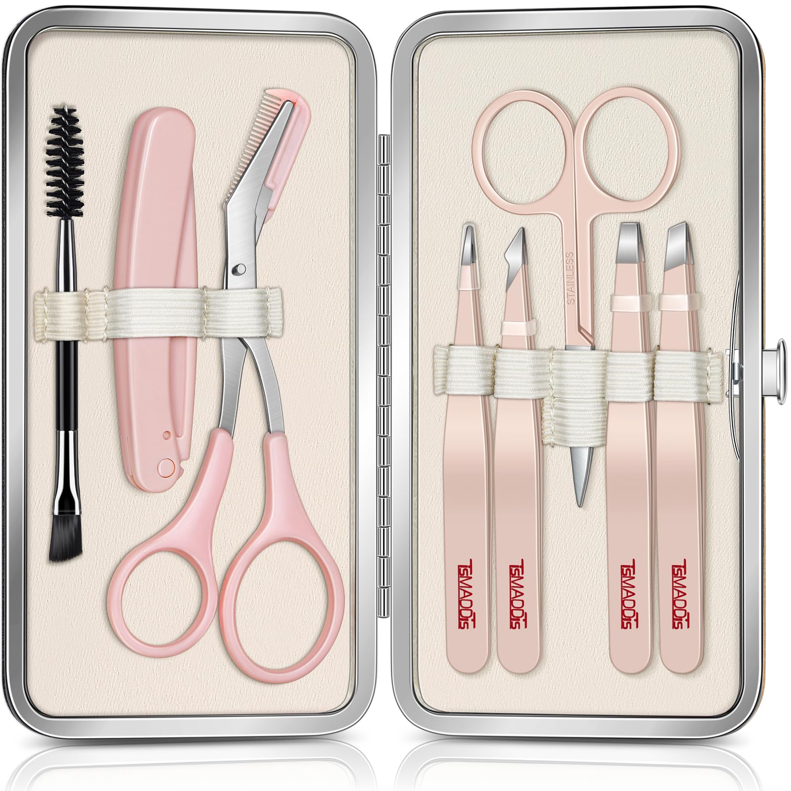 TsMADDTs facial hair tweezers for women, 8-piece eyebrow kit with case, precision tweezers for shaping and grooming eyebrows.