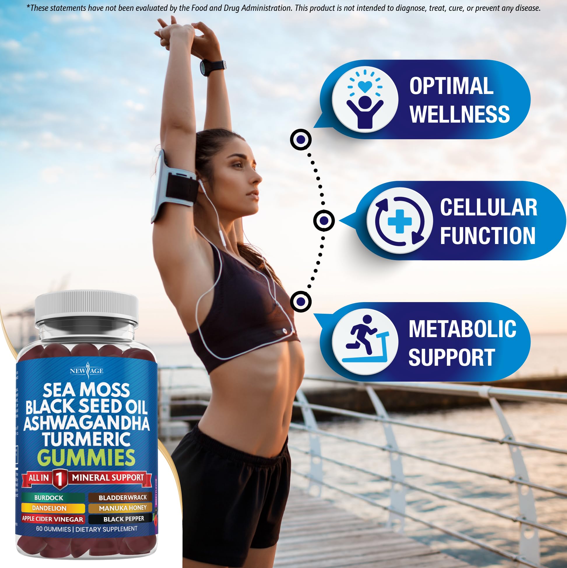 NEW AGE Sea Moss Gummies, Sea Moss, Black Seed, Ashwagandha, Turmeric, Manuka Honey, ACV, Dandelion, Black Pepper, Burdock, Bladderwrack, Vegan - 120 Count