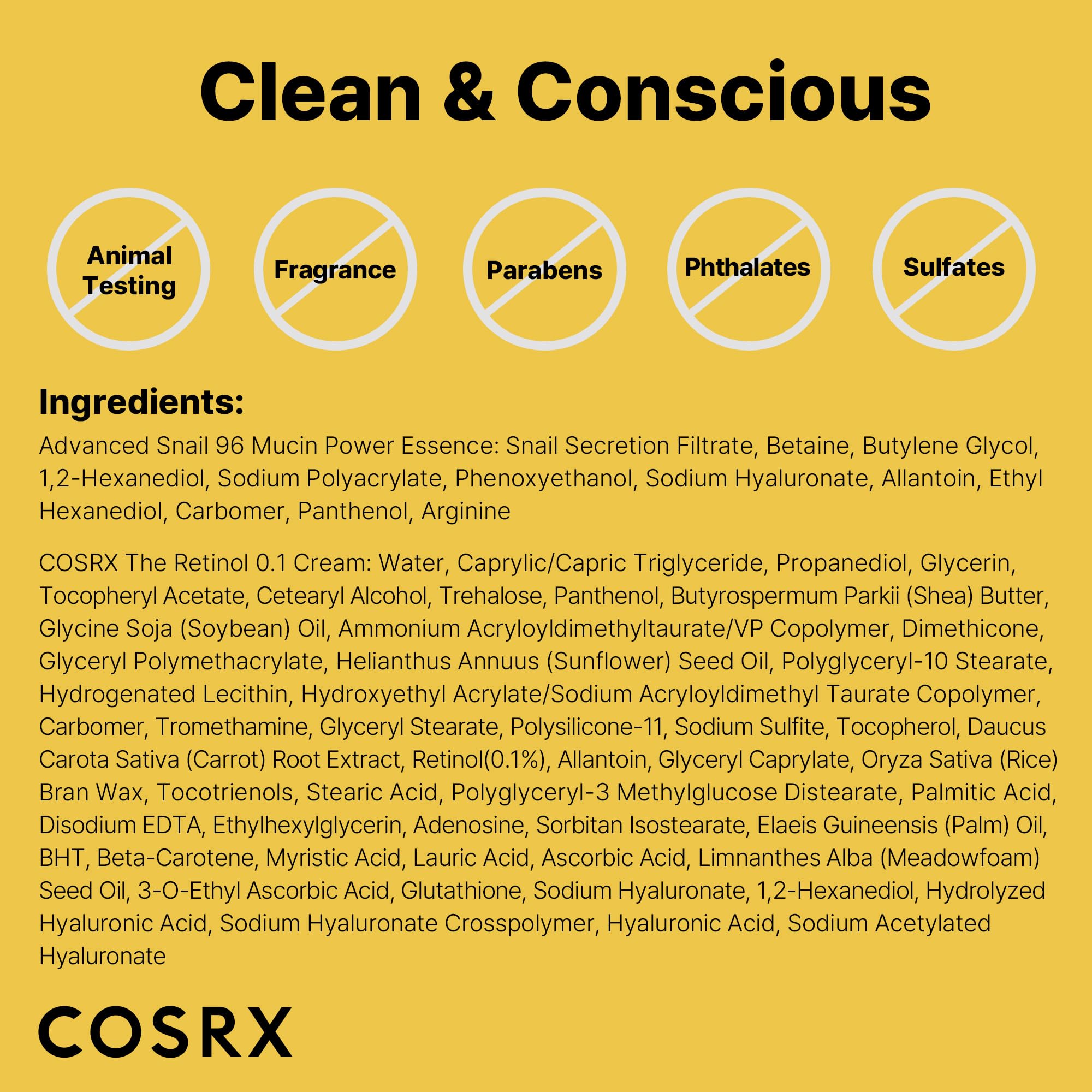 COSRX skincare set featuring Snail 96% Mucin Essence and Retinol 0.1% Cream mini samples on a white background.