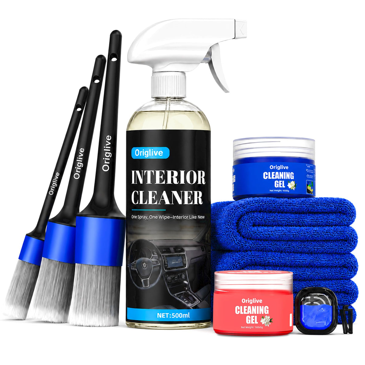 Set of 10 car detailing cleaning kits by Origlive, including no-rinse interior cleaner bottles for vehicle cleaning.