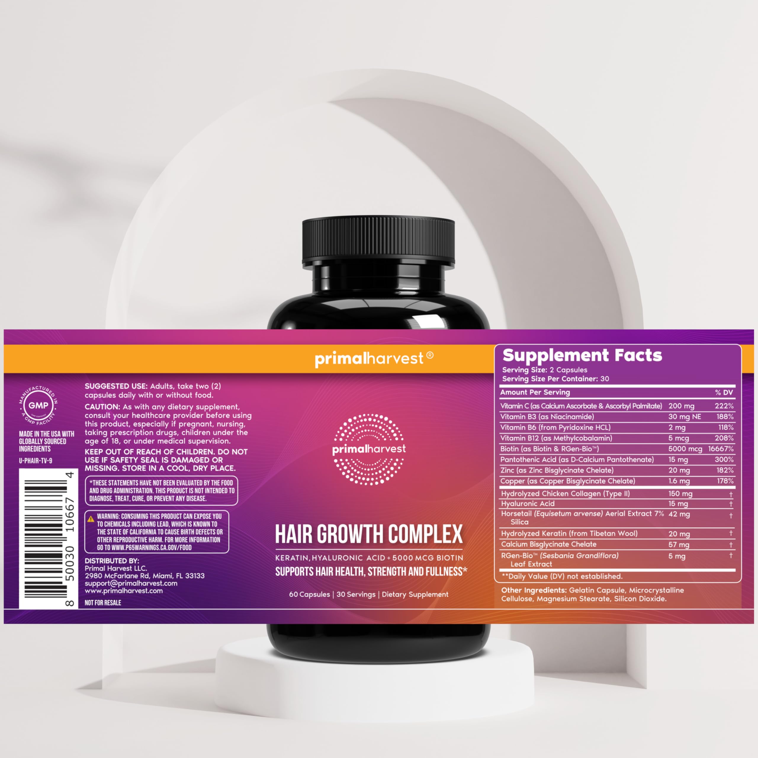 Primal Harvest Hair Growth Complex - Daily Supplement, Gluten & Dairy Free