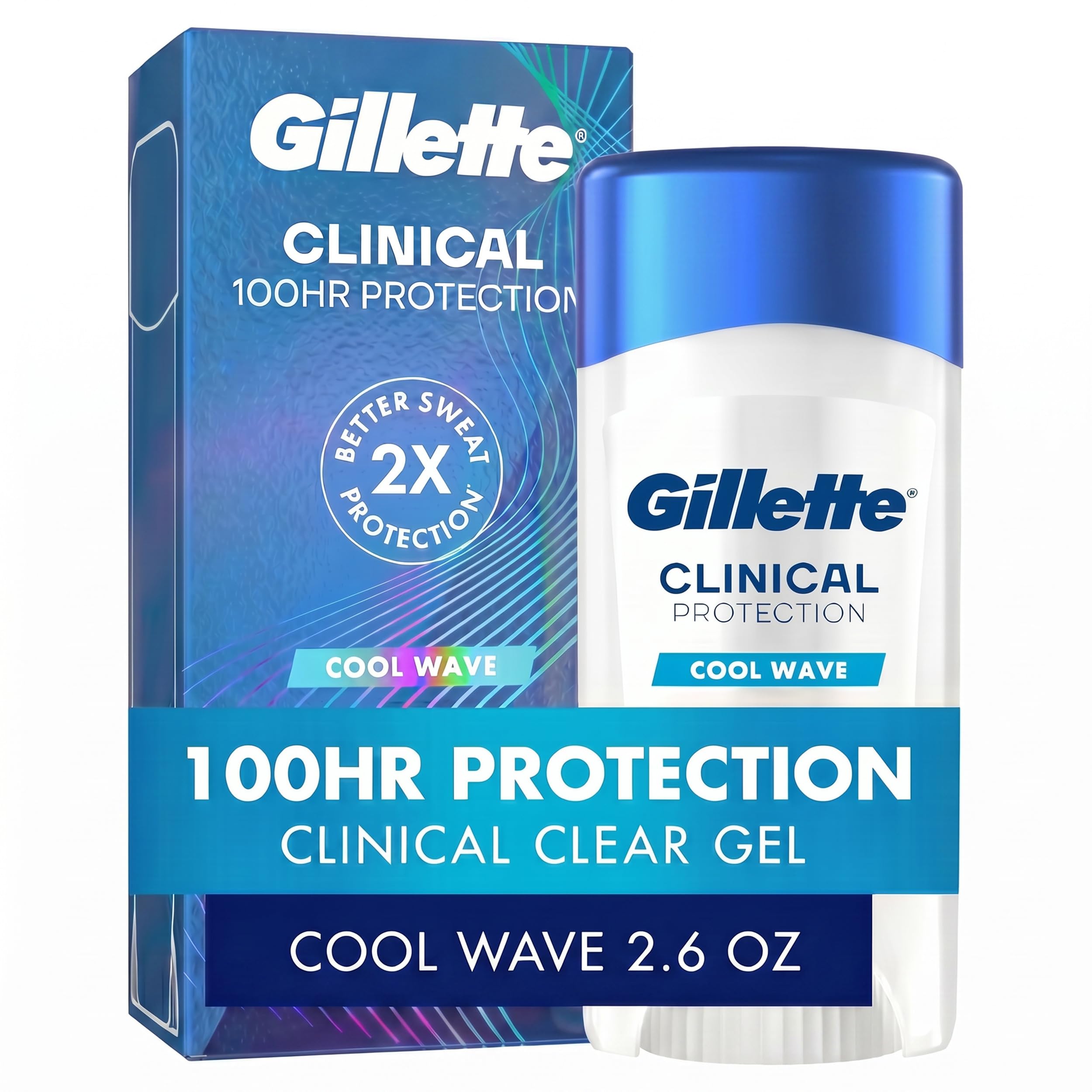 Gillette Clinical Antiperspirant and Deodorant for Men in clear gel with Cool Wave scent, 2.6 oz, providing 100-hour sweat and odor protection.