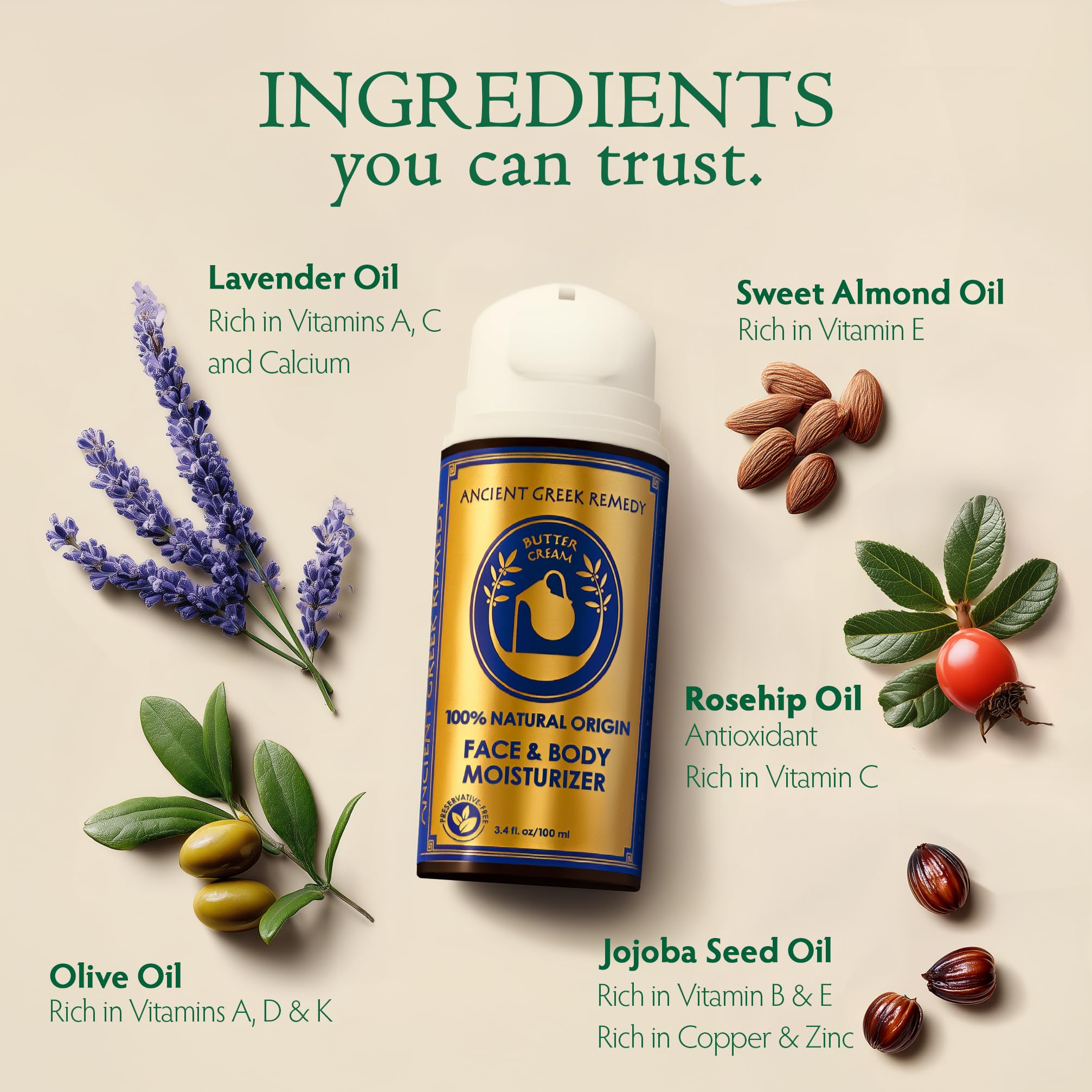 Ancient Greek Remedy organic face moisturizer and body butter cream for dry skin, hydrating facial and body moisturizer.