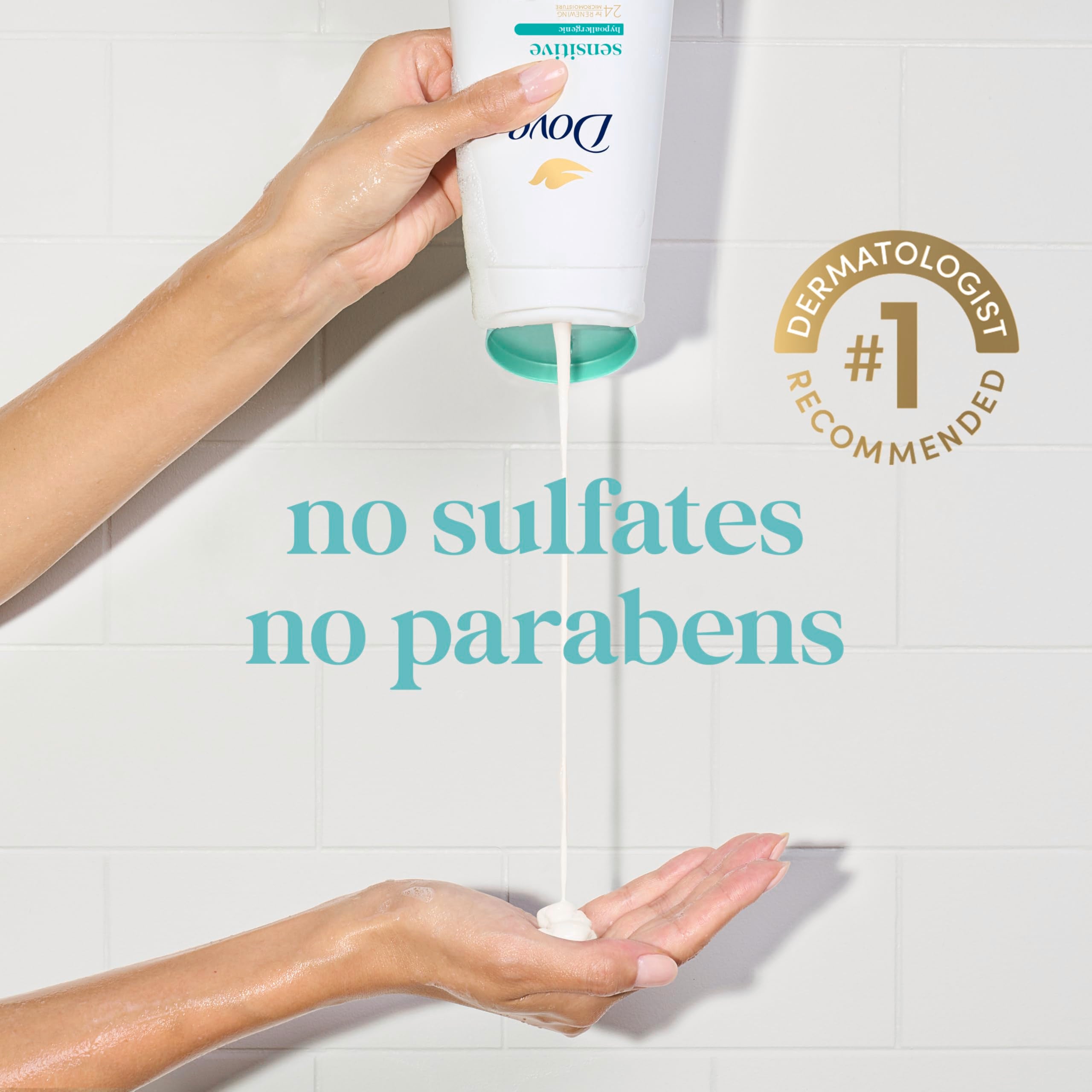 Dove 24-hour sensitive skin body wash with pump, 30.6 oz, showing the bottle with a white label and pump dispenser