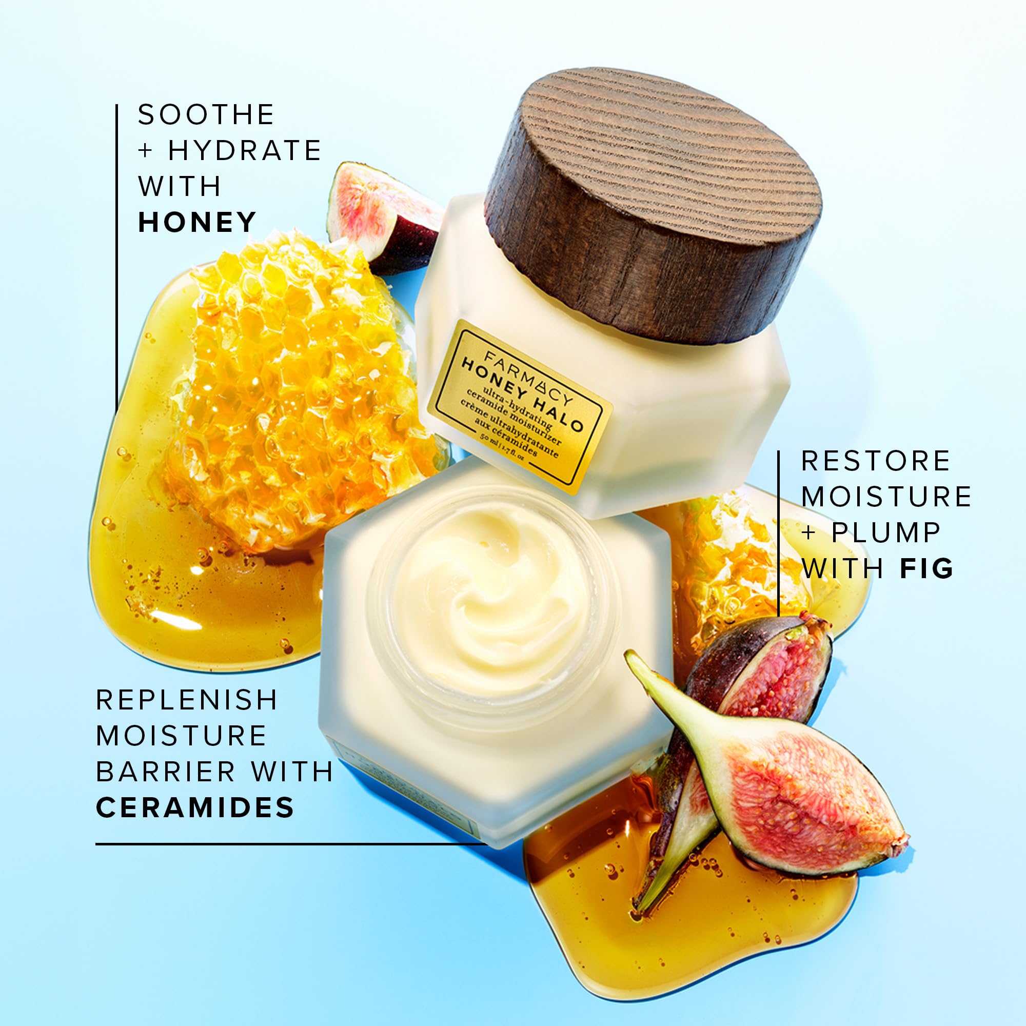 Farmacy Honey Halo Ceramide Face Moisturizer with buckwheat honey and ceramides, providing ultra-hydrating, plumping skincare for dry skin.