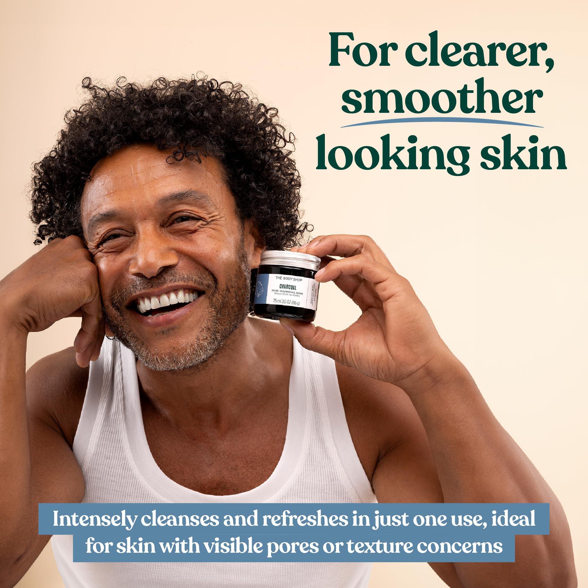 The Body Shop Charcoal Pore-Minimizing Clay Mask in a 75ml jar, showing the black clay formula and packaging for skin treatment.