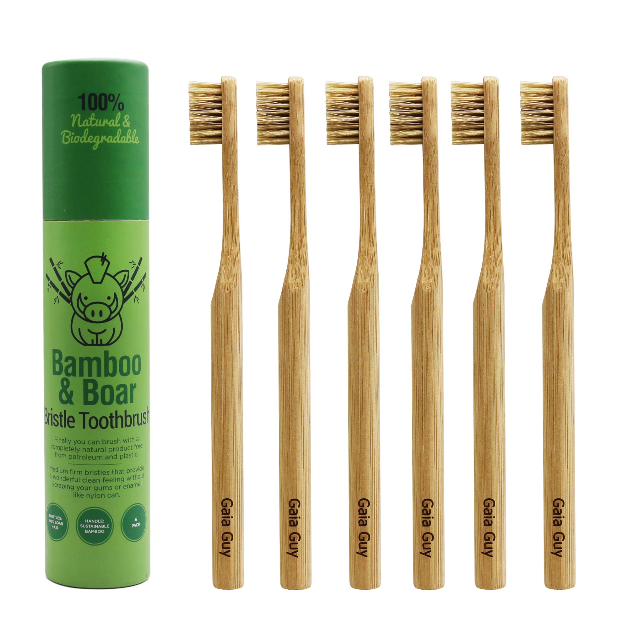 Gaia Guy Natural Bristle Bamboo Toothbrush (NO Nylon - Boar Hair - Product Imagery