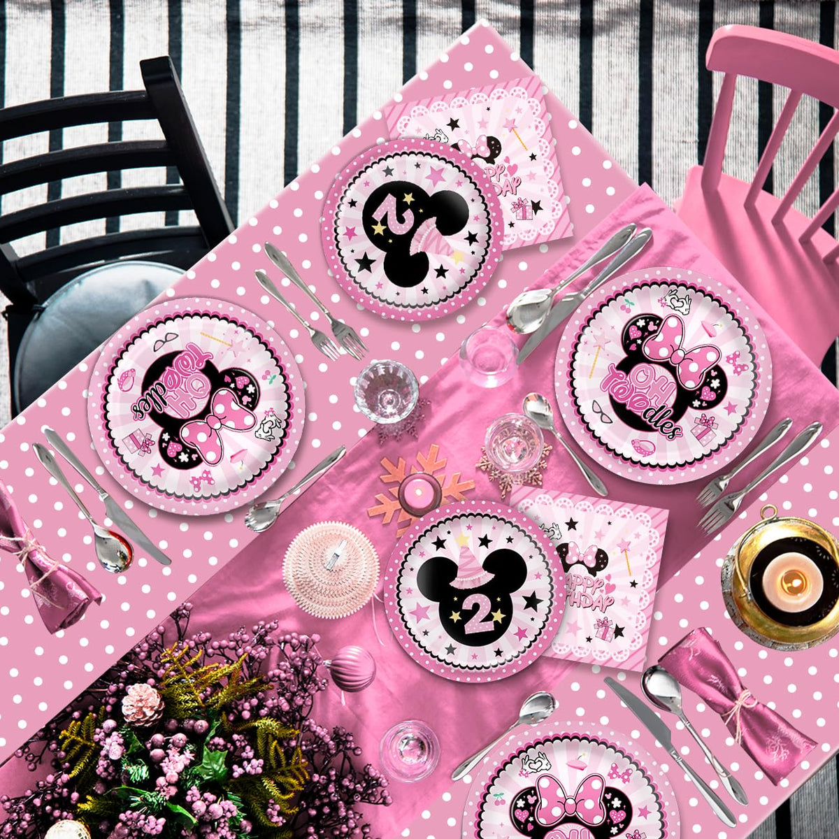 XHCYGWY 108Pcs Pink Mouse Birthday Decorations Tableware Oh Twodles Birthday Party Supplies Include Banner Plates Napkin