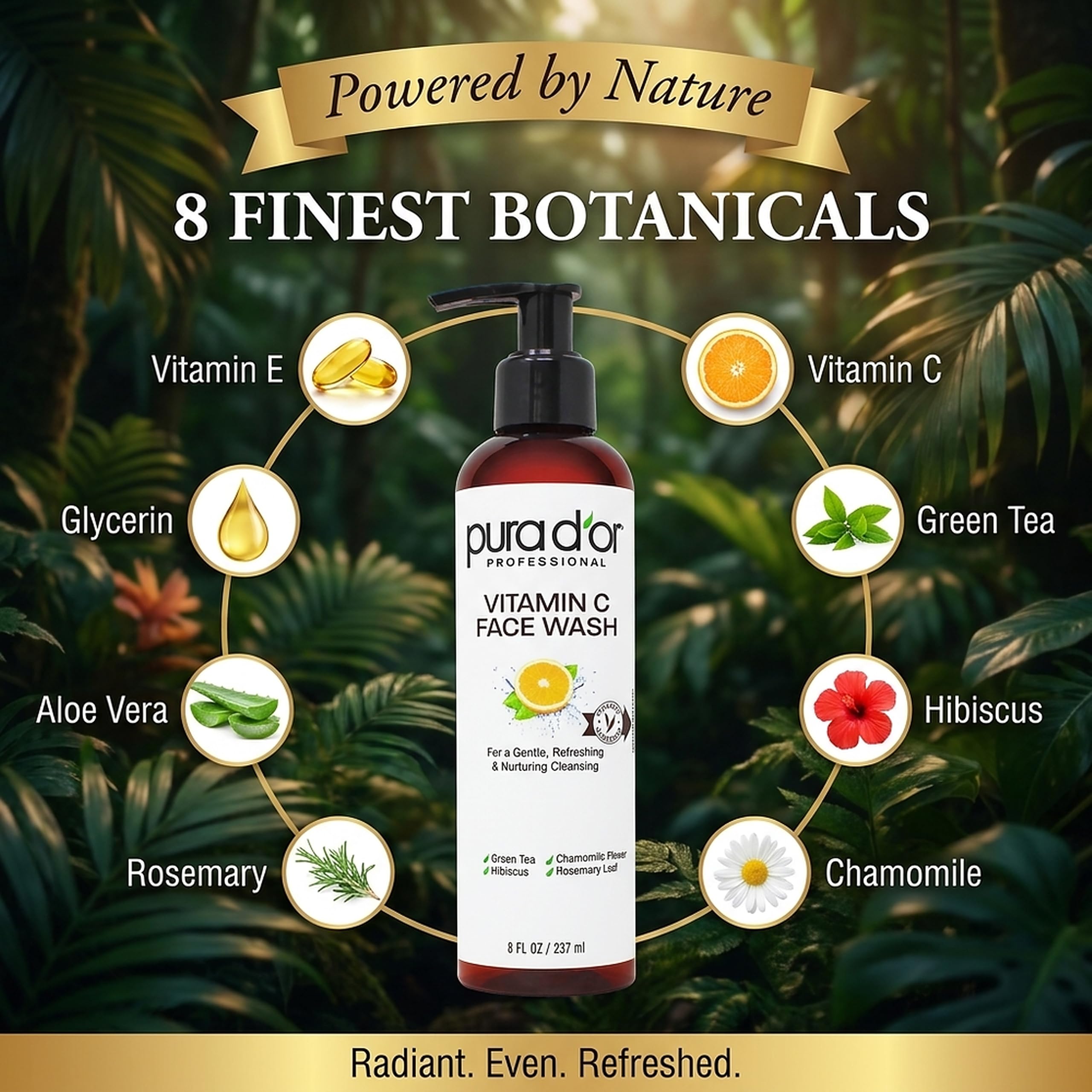 PURA D'OR Vitamin C face wash in 8oz bottle, gentle daily facial cleanser with natural ingredients, suitable for all skin types.