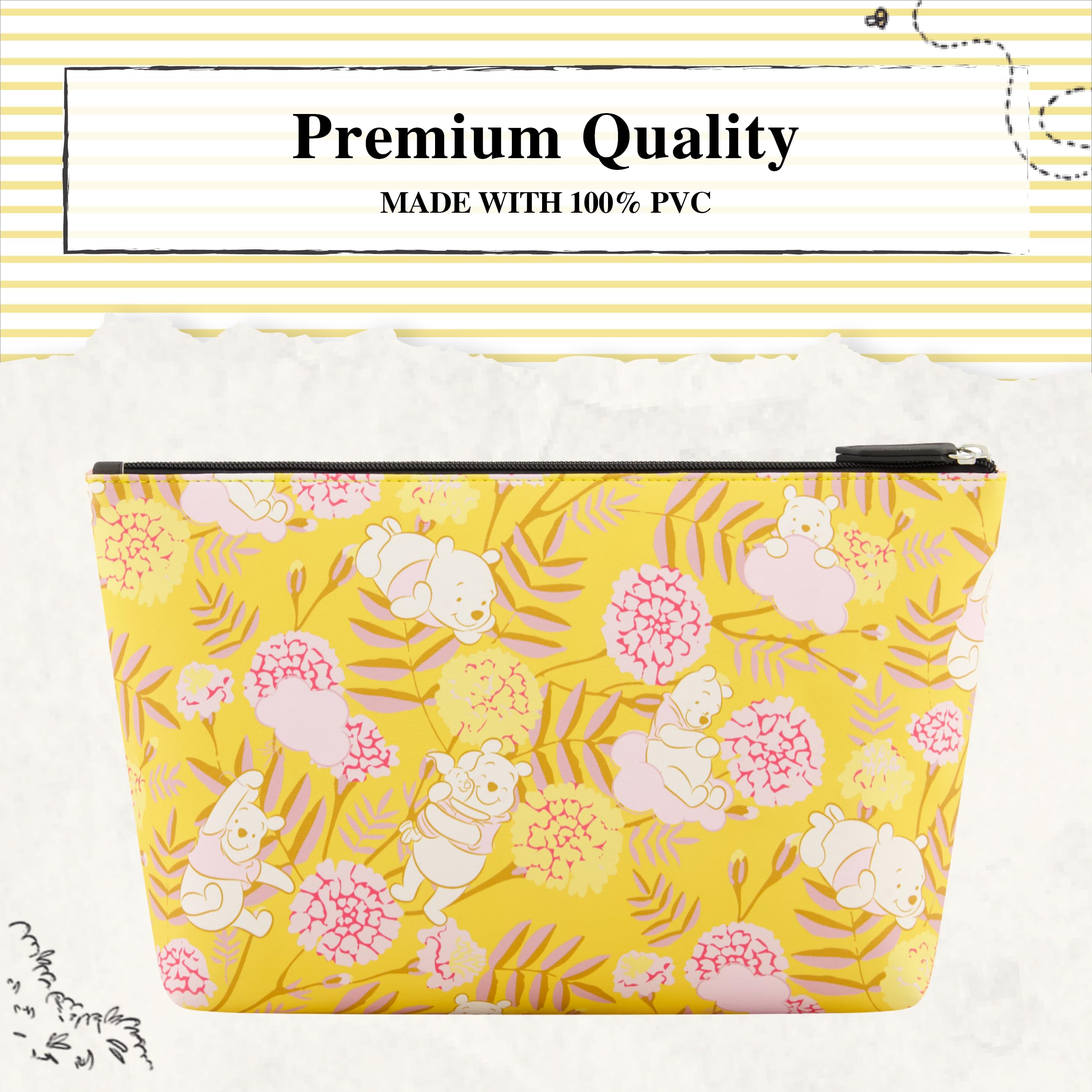 Concept One Disney Winnie the Pooh honey floral makeup bag with zipper closure, featuring Winnie the Pooh and honey flower designs.