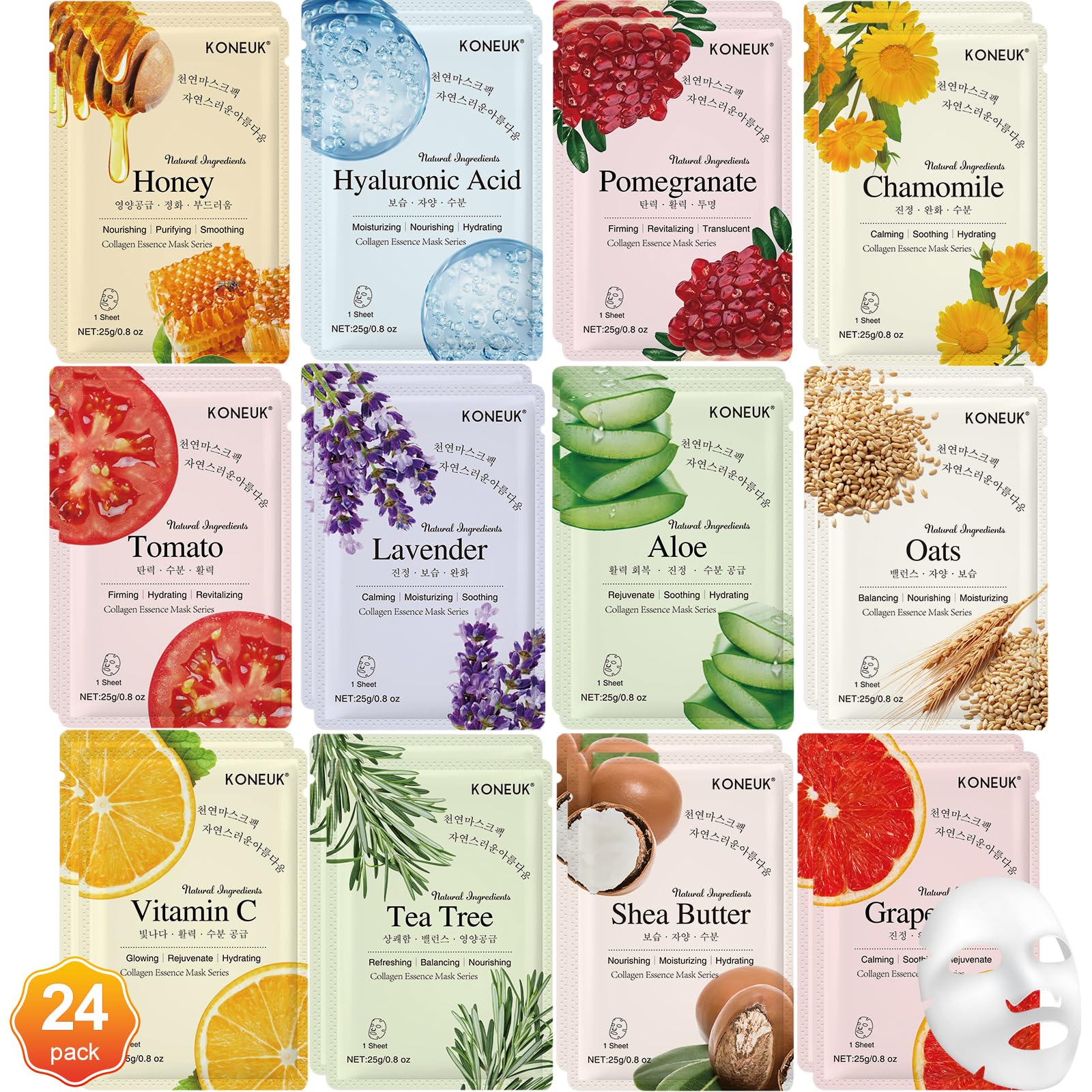 24 Pack Sheet Face Masks Skincare for Women, Hydrating Collagen - Product Imagery