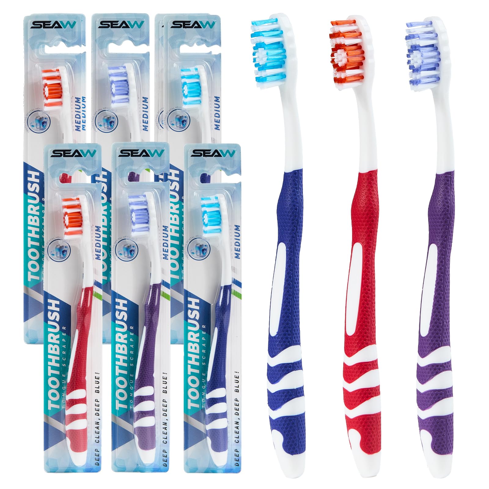 Manual Medium Toothbrushes 6 Pack for Adults with Tongue Cleaner - Product Imagery