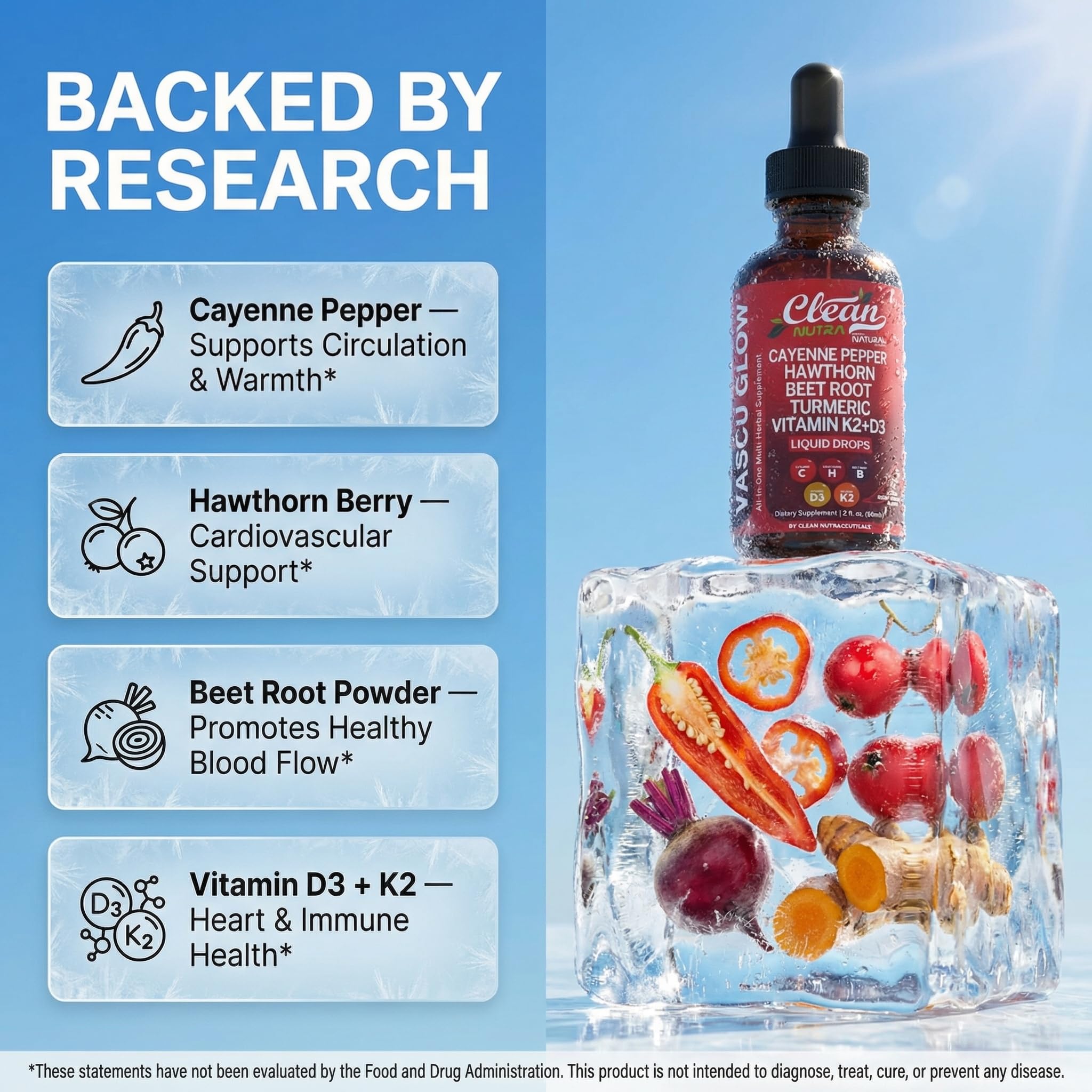 Clean Nutra Cayenne Pepper Drops herbal supplement bottle with dropper cap, used for circulation and health support.