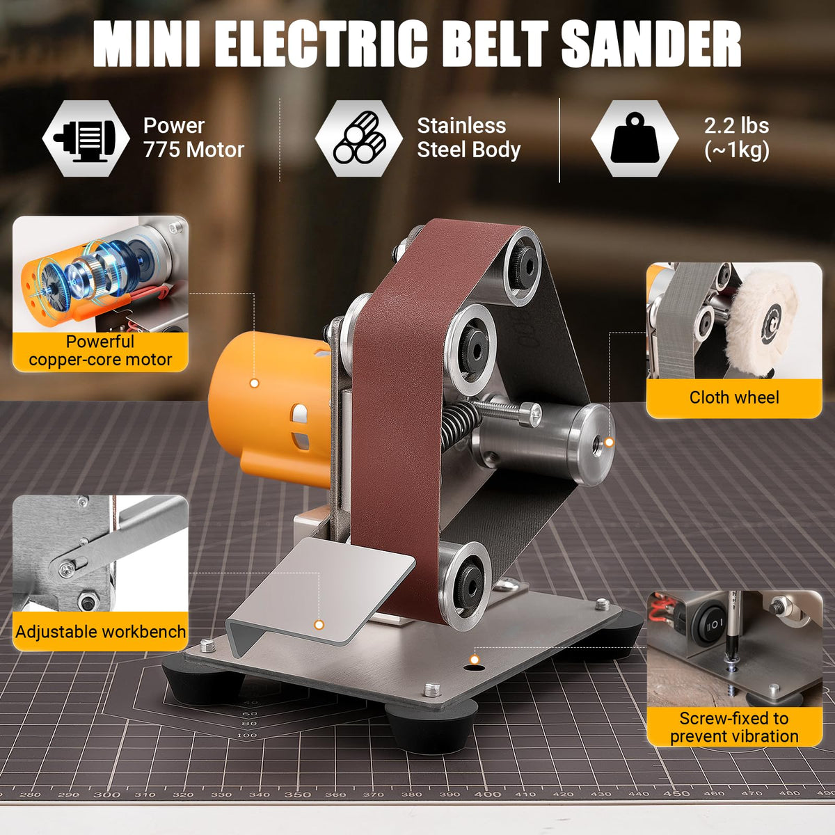 Sbestily Mini Electric Belt Sander, Jewelry Making Tool & Knife Sharpener – alternate angle