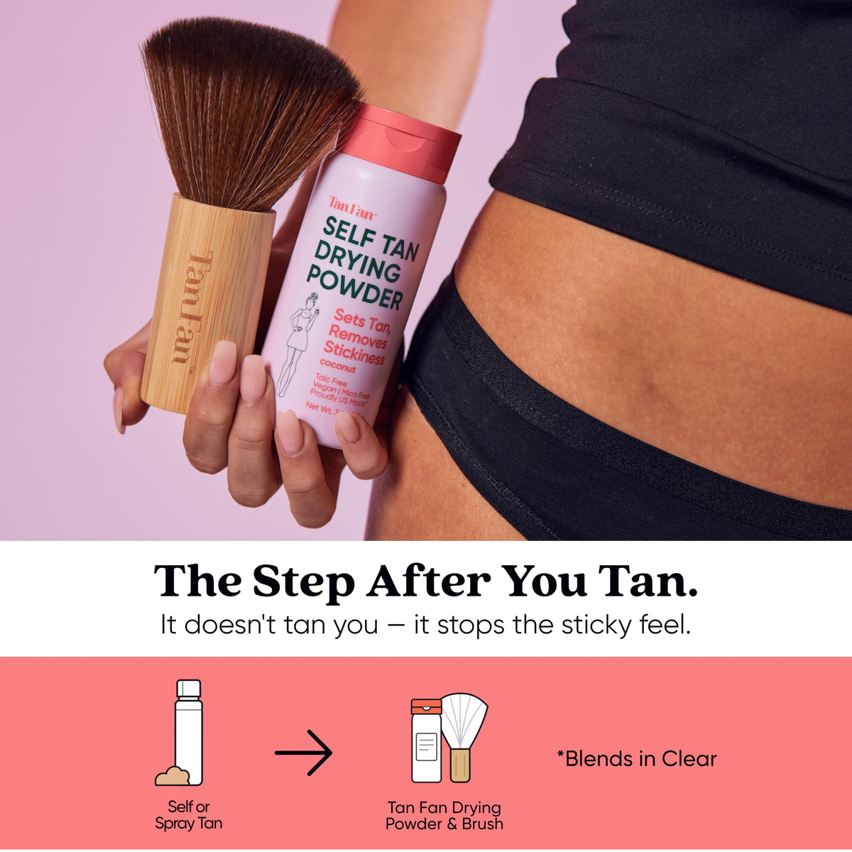 Tan Fan Self Tan Drying Powder Kit 3oz - Stop Sticky Feel After Tanning - Inc XL Soft Body Brush - For Spray, Fake, Grad