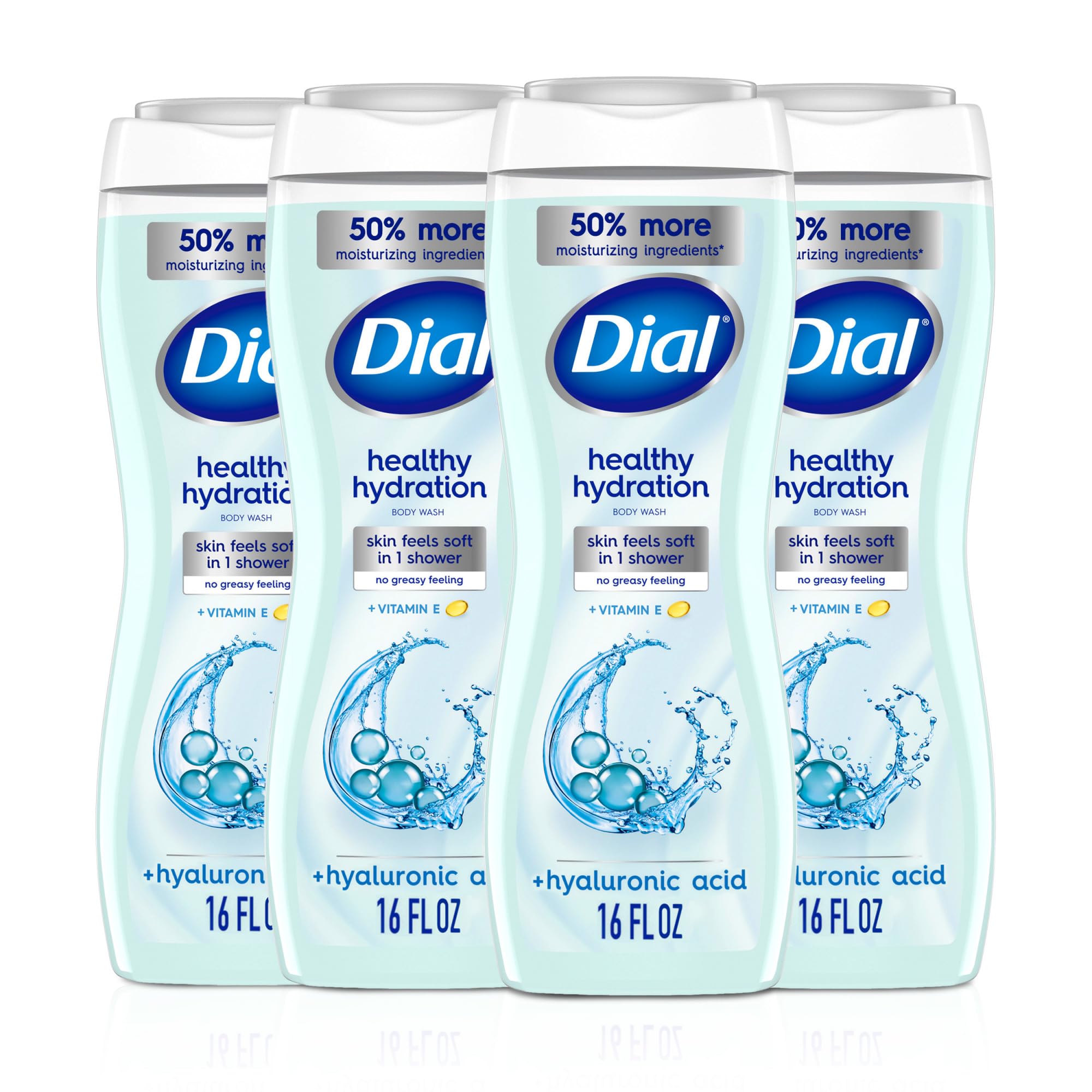 Dial Healthy Hydration Body Wash, Hyaluronic Acid, Vitamin E, 16oz, 4-Pack