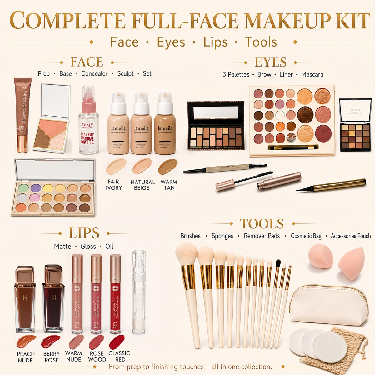 LUMA EDIT Makeup Kit for Women Full Kit, All in One Full Face Makeup Set – close-up detail in White & Gold