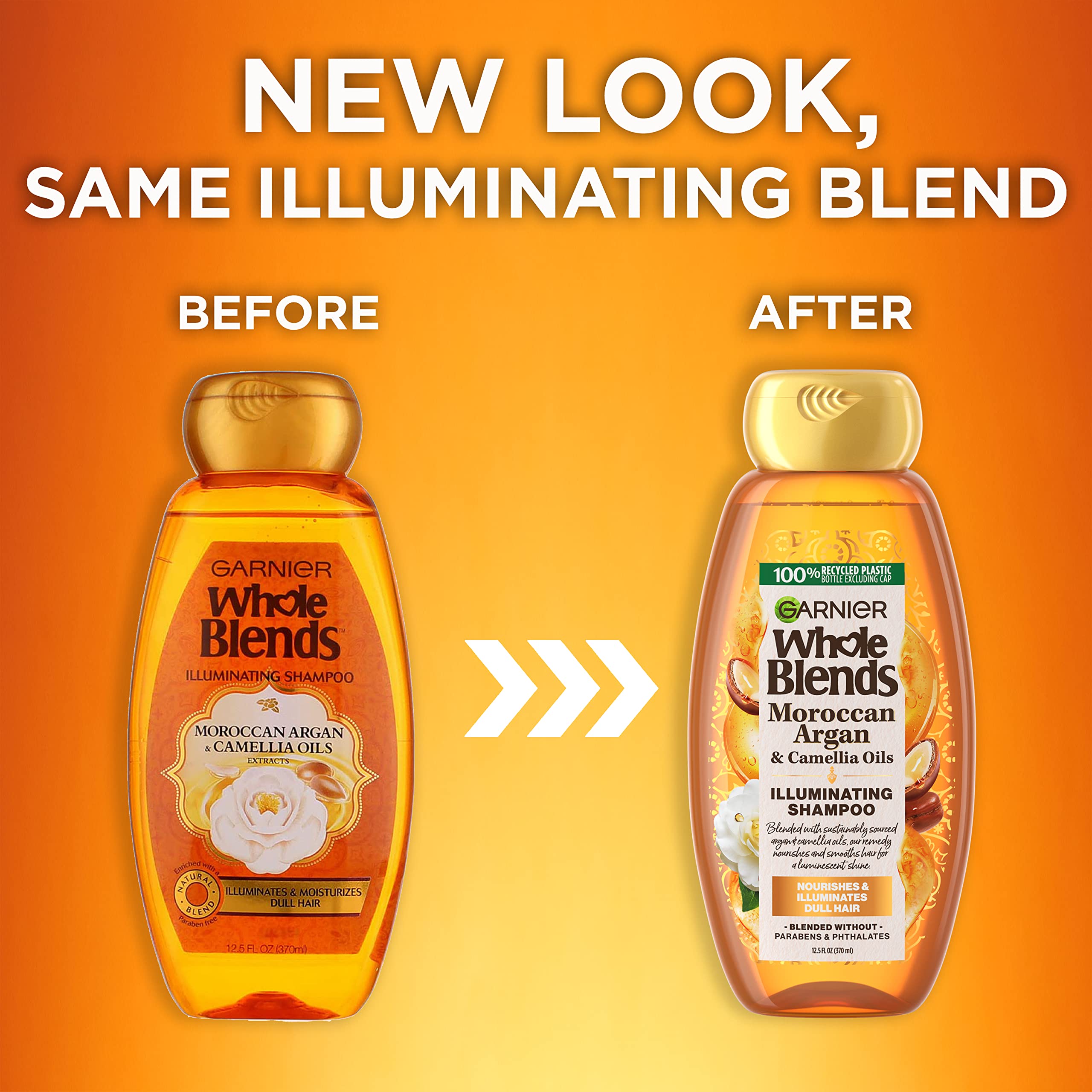 Garnier Whole Blends Argan and Camellia shampoo 3-pack bottles with labels and pump dispensers, displayed together.