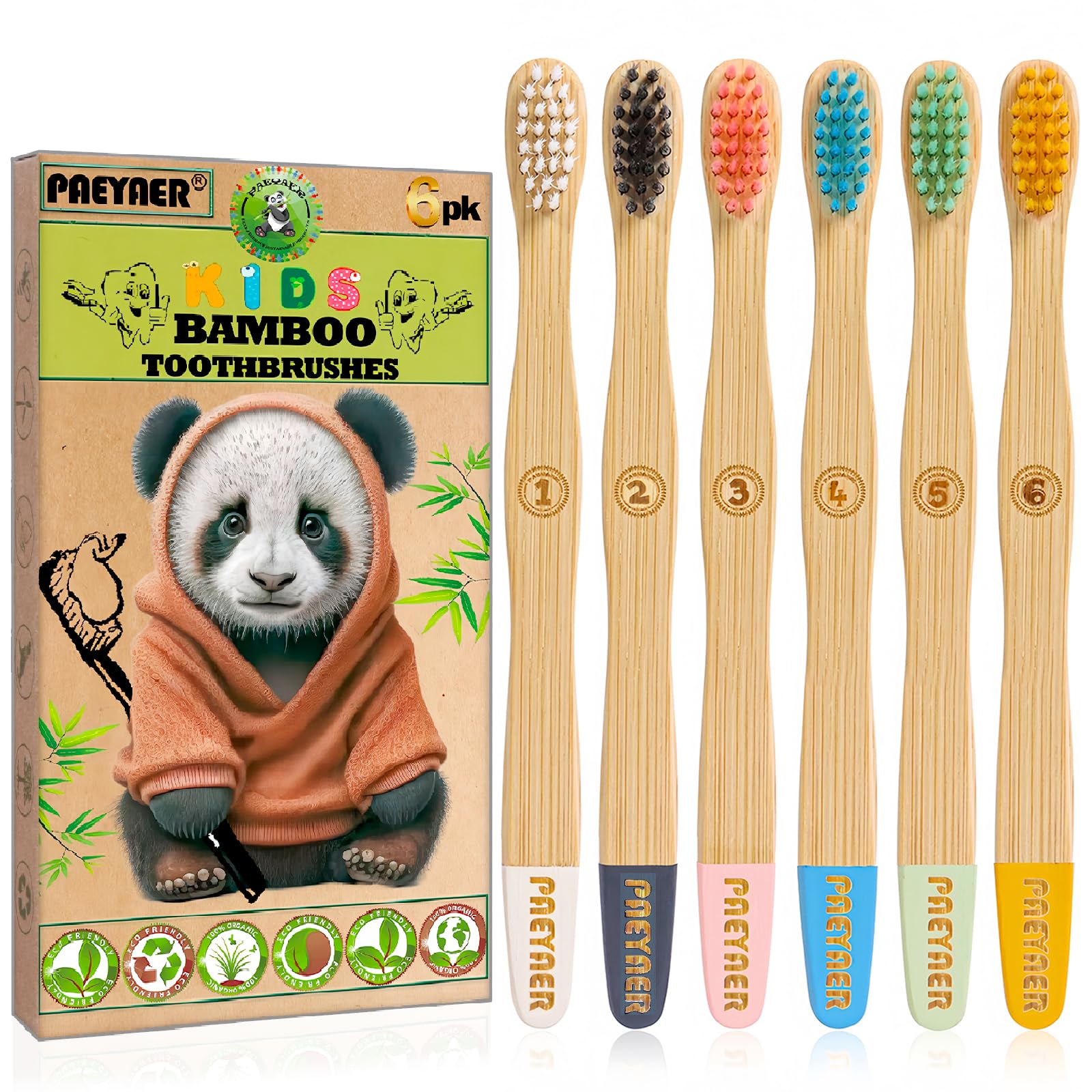 Paeyaer bamboo kids toothbrushes 6-pack with extra soft bristles, eco-friendly design ideal for gentle children's dental care.