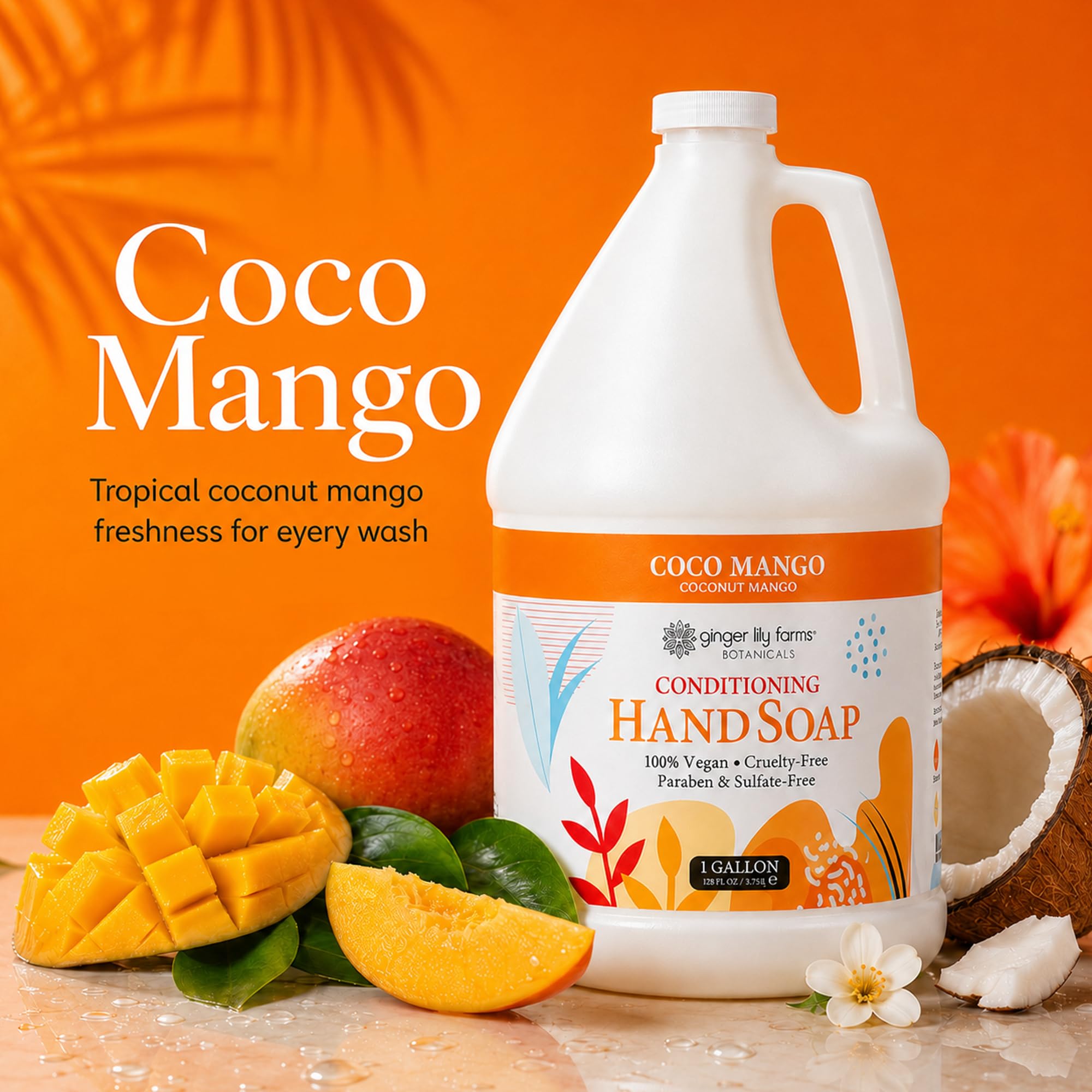 Ginger Lily Farms 1-gallon coconut mango scented hand soap bottle, skin cleaning agent with tropical fragrance.