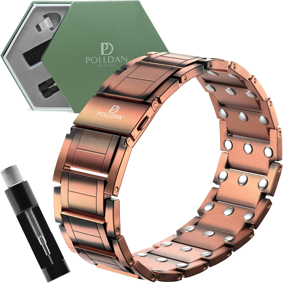 POLLDAN Copper Bracelet For Men | 6200 Gauss Power | Adjustable Magnetic Bracelet | Gift Box and Sizing Tool (3X Power) 