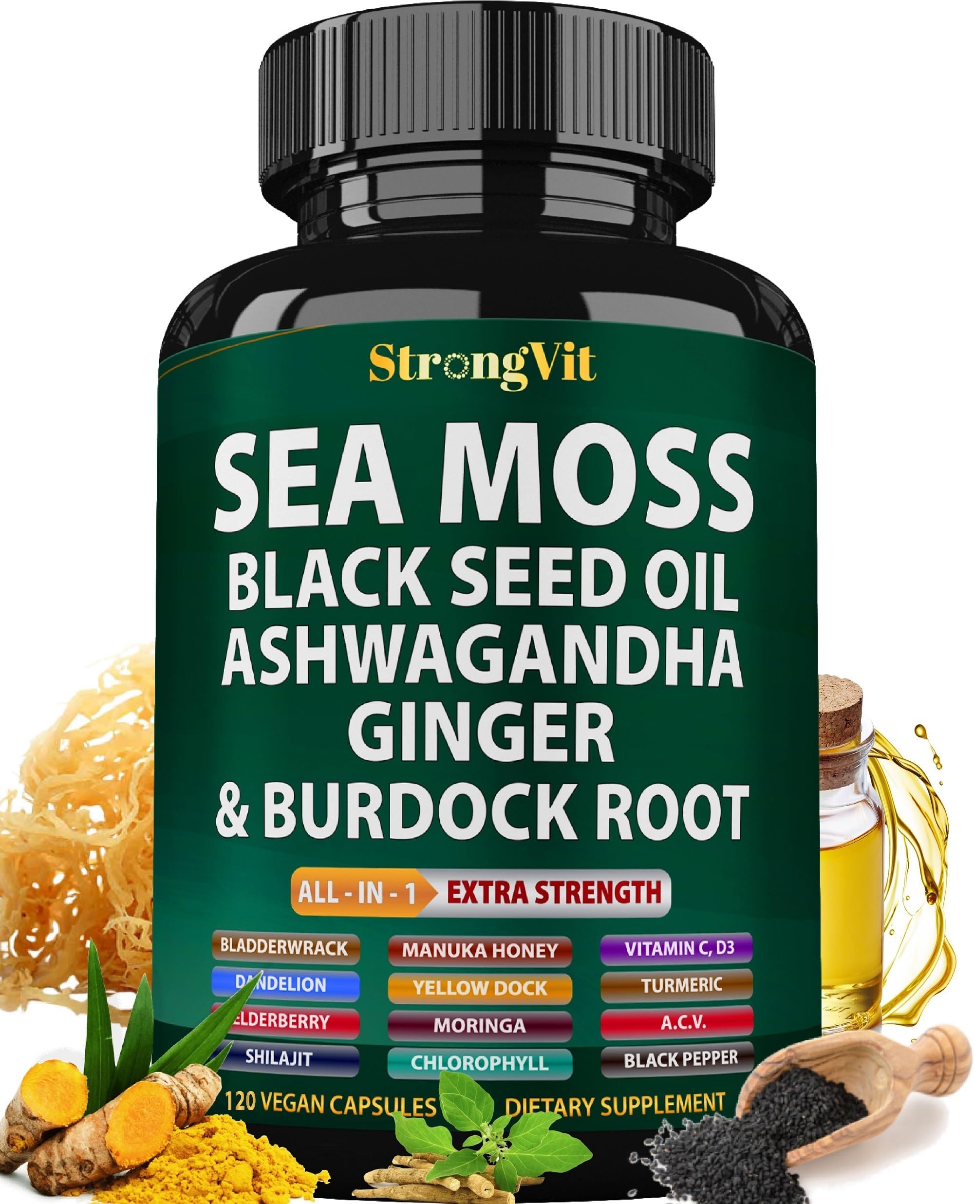 Sea Moss Black Seed Oil Ashwagandha Ginger, Organic Seamoss - 120 Capsules