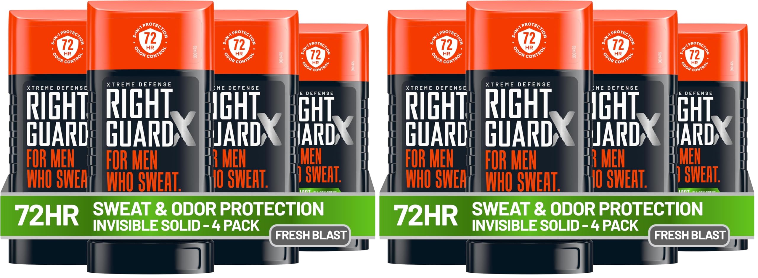 Right Guard Xtreme Defense Invisible Solid Deodorant for men, Fresh Blast scent, 72-hour odor control, 2.6 oz, pack of 8