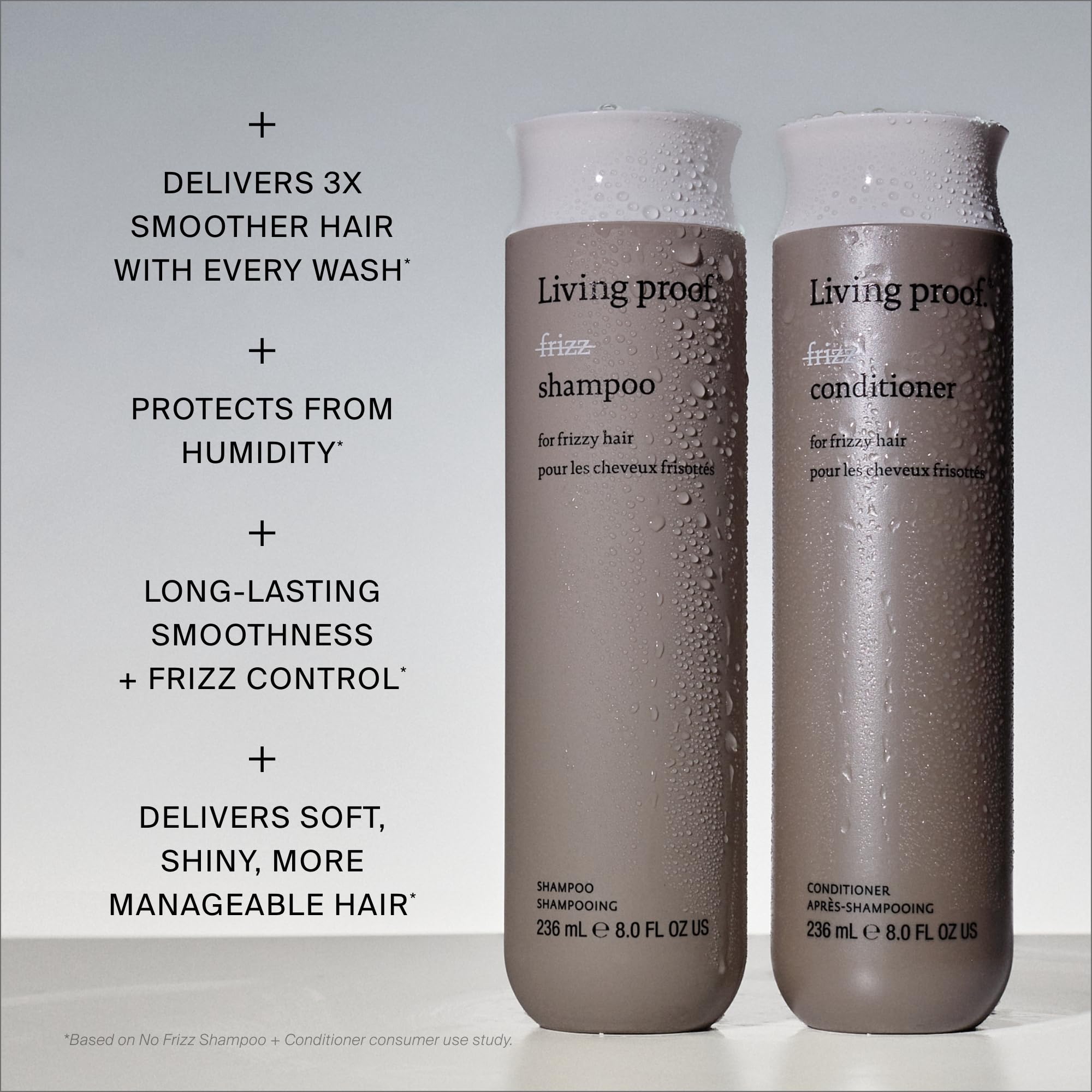 Living Proof No Frizz Shampoo for all hair types in a 24 oz bottle with sleek packaging.