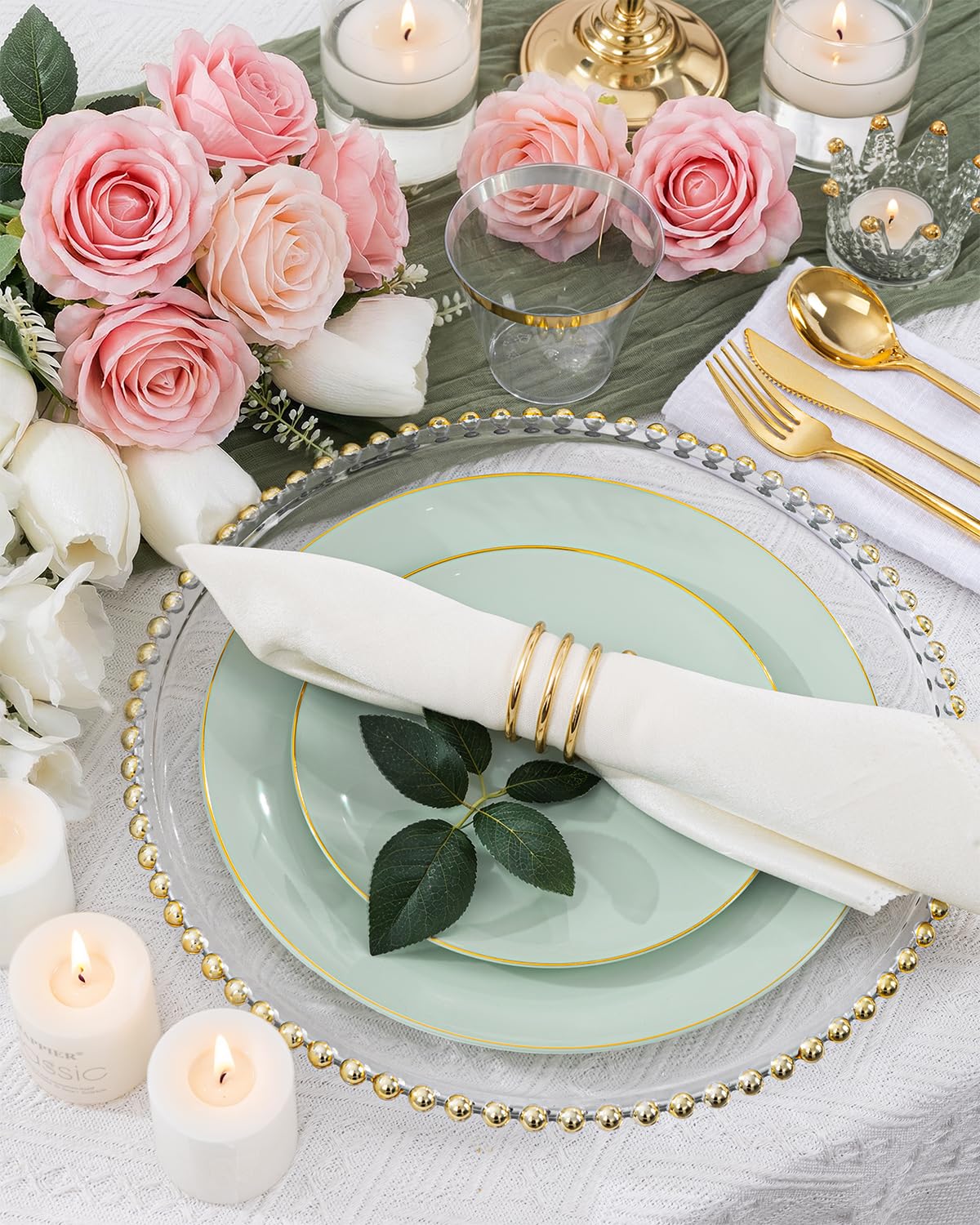 bUCLA 150PCS Green Plastic Plates - Sage Green with Gold Rim Disposable - Include 25 (Dinner & Dessert) Plates, 25 Knive