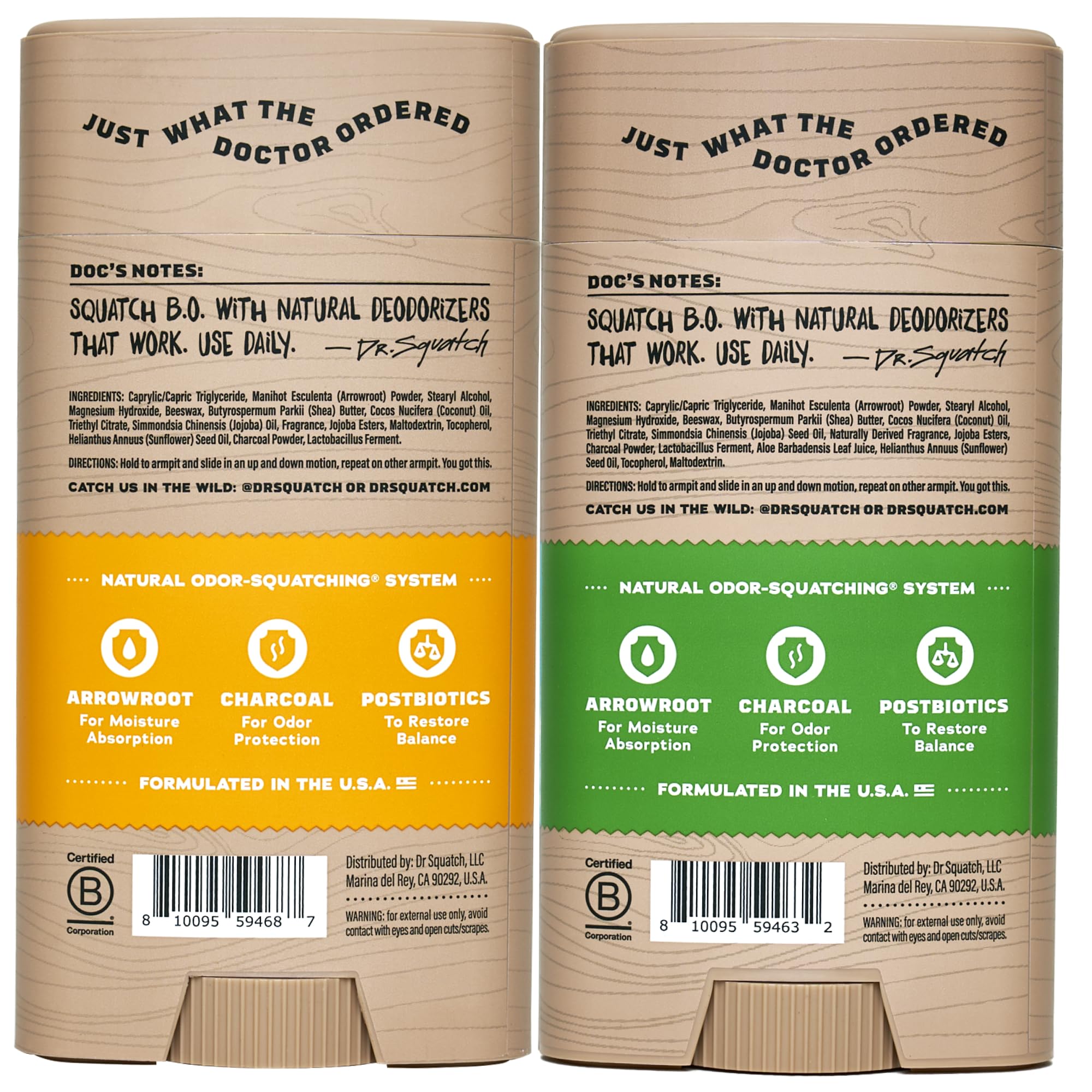 Dr. Squatch natural men's deodorant 2-pack with sleek black containers and clear labels, designed for effective odor protection.
