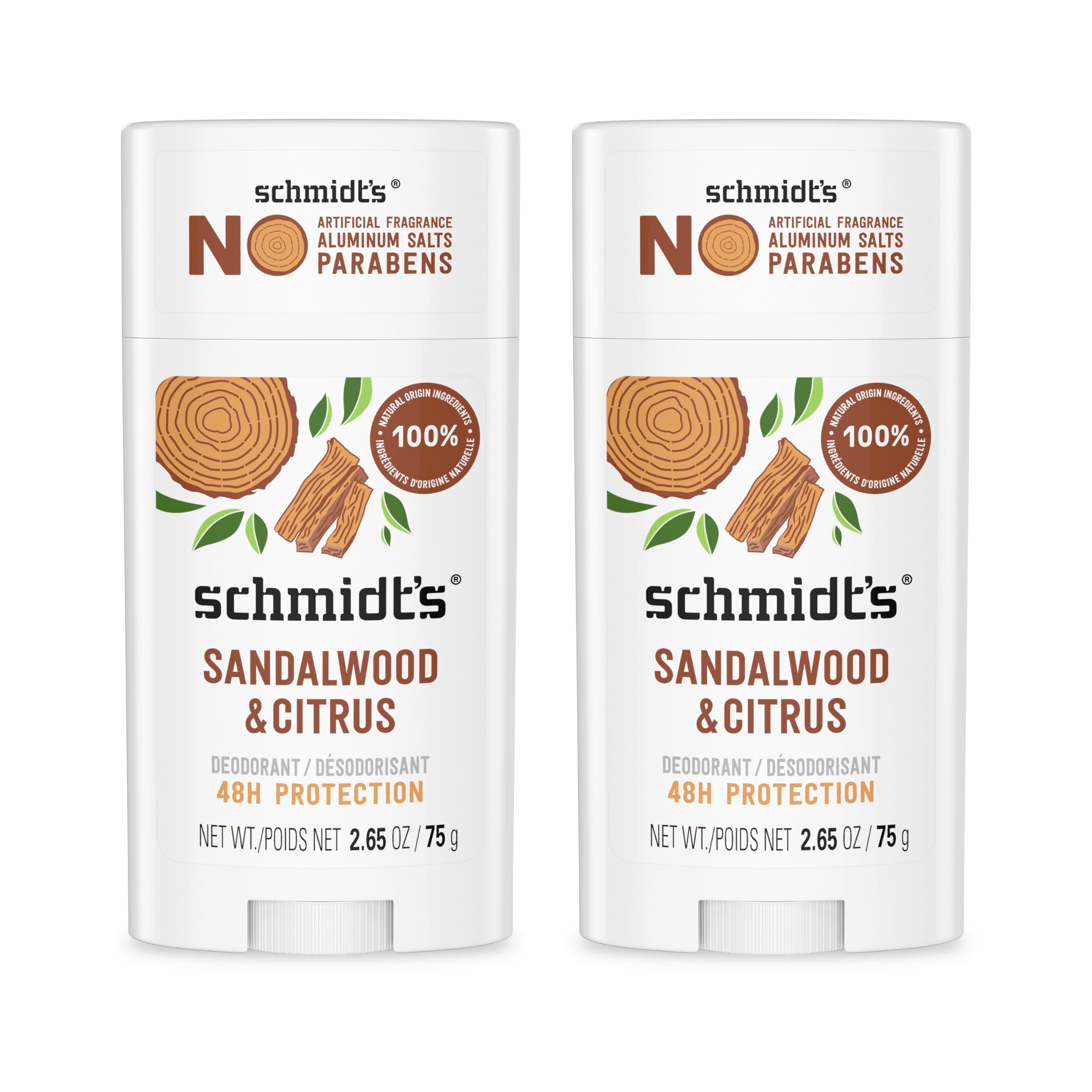 Schmidt's Natural Deodorant 2-Pack with sandalwood and citrus scent, featuring stick application and eco-friendly packaging.