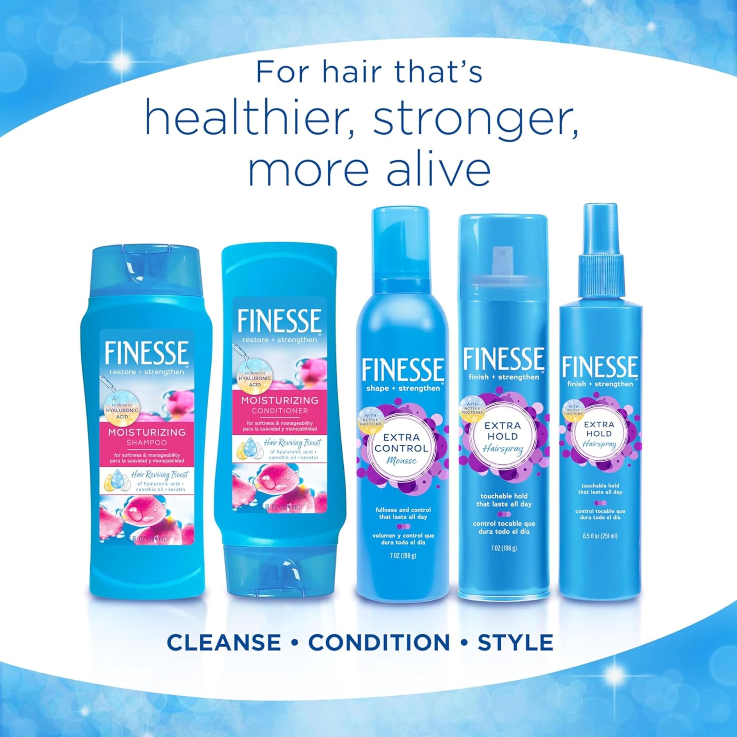 FINESSE Moisturizing Shampoo & Conditioner for Men & Women for Dry or Damaged Hair, Made with Hyaluronic Acid, Camellia Oil & Keratin, 24 Ounce, 6 Pack