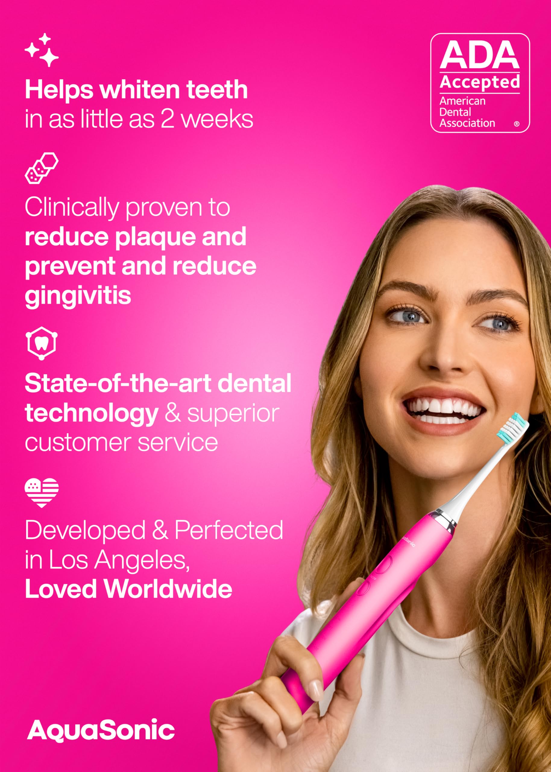 Aquasonic Vibe Series electric pink toothbrush with 8 brush heads, travel case, 40,000 VPM motor, and smart timer.