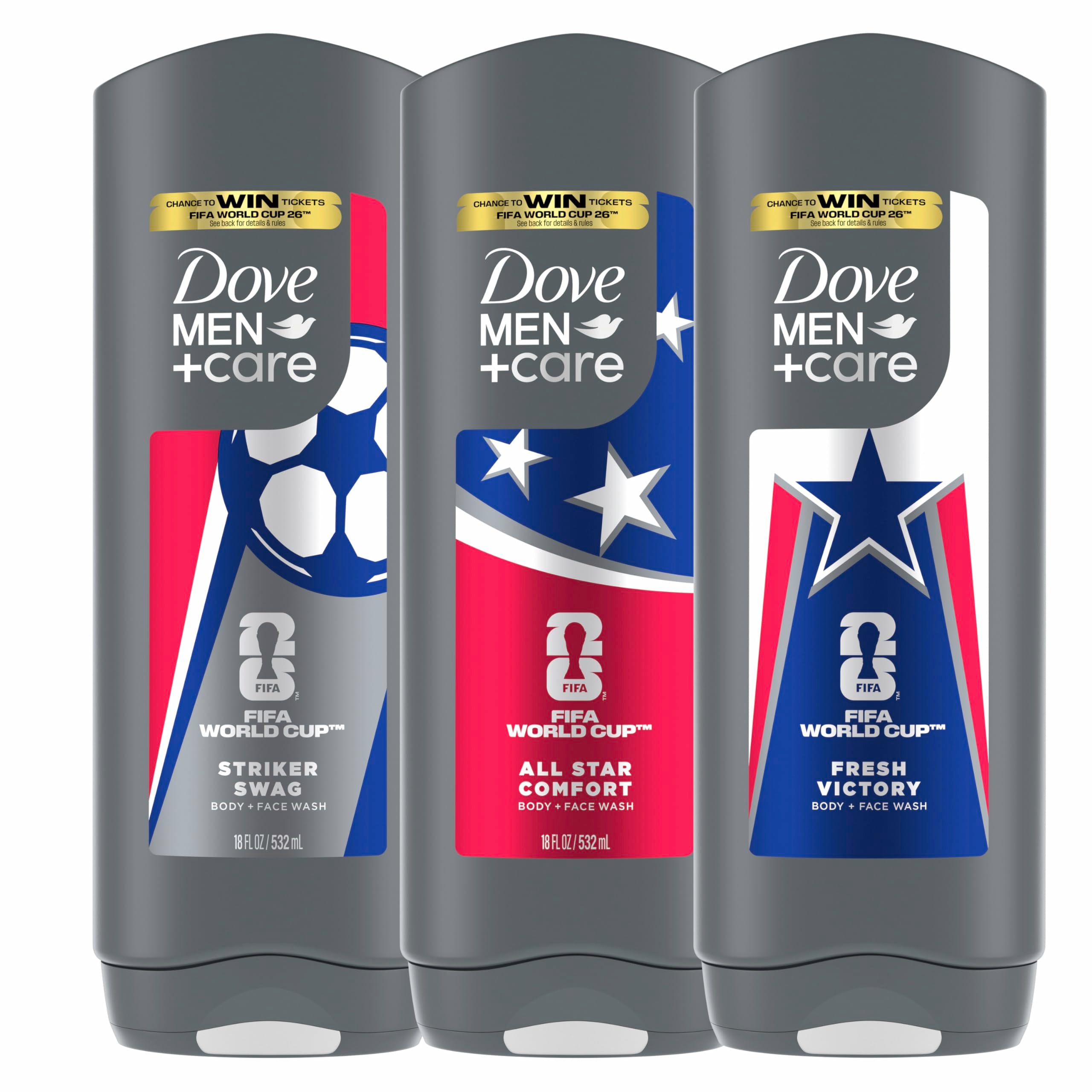 Dove Men+Care FIFA 2026 body and face wash mixed pack with three skin cleaning bottles for men's grooming.