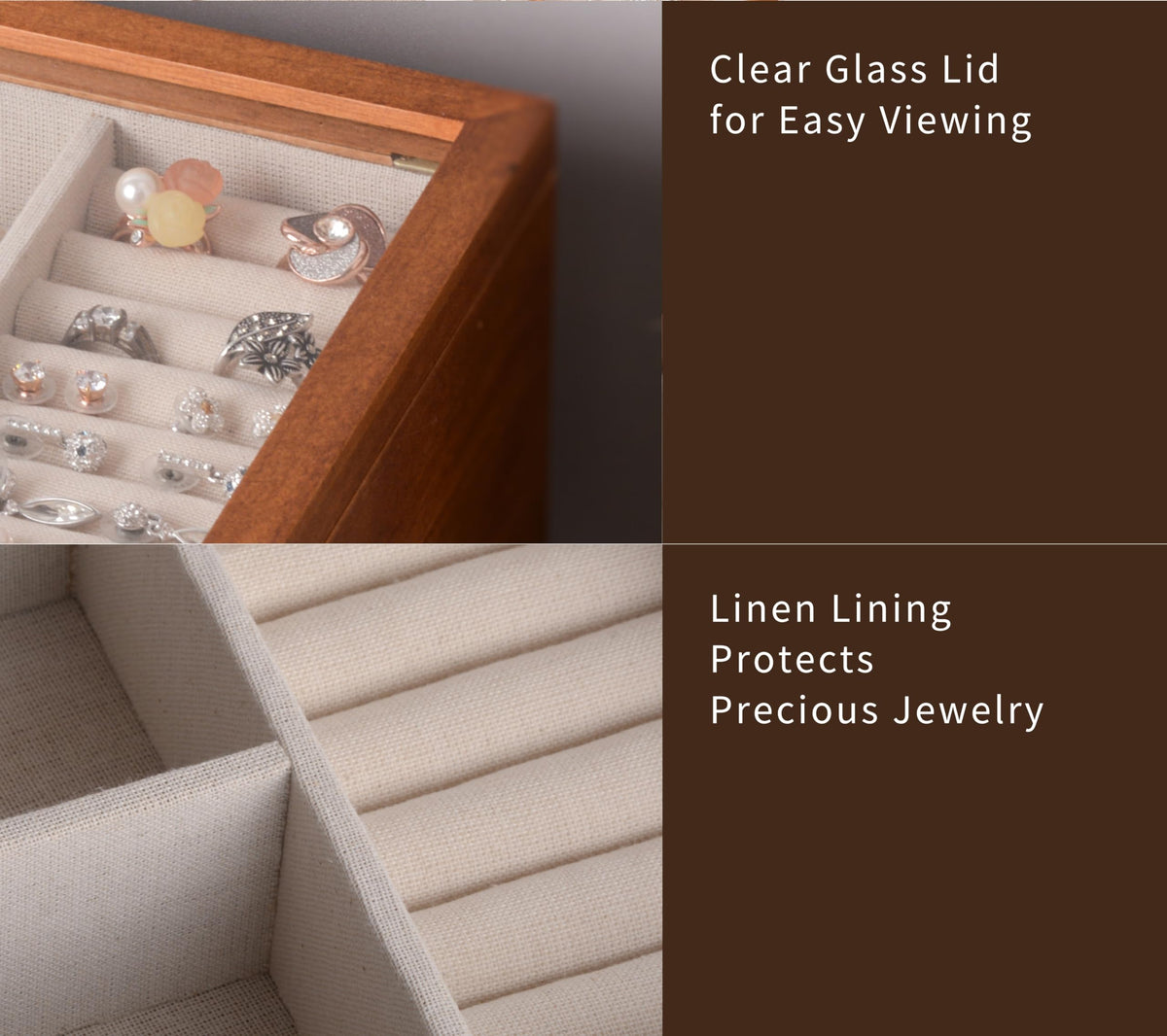 Clasin Home Jewelry Box with Glass Lid, 3 Layer Jewelry Organizer for Women, Solid Wooden Jewelry Box Display for Ring E