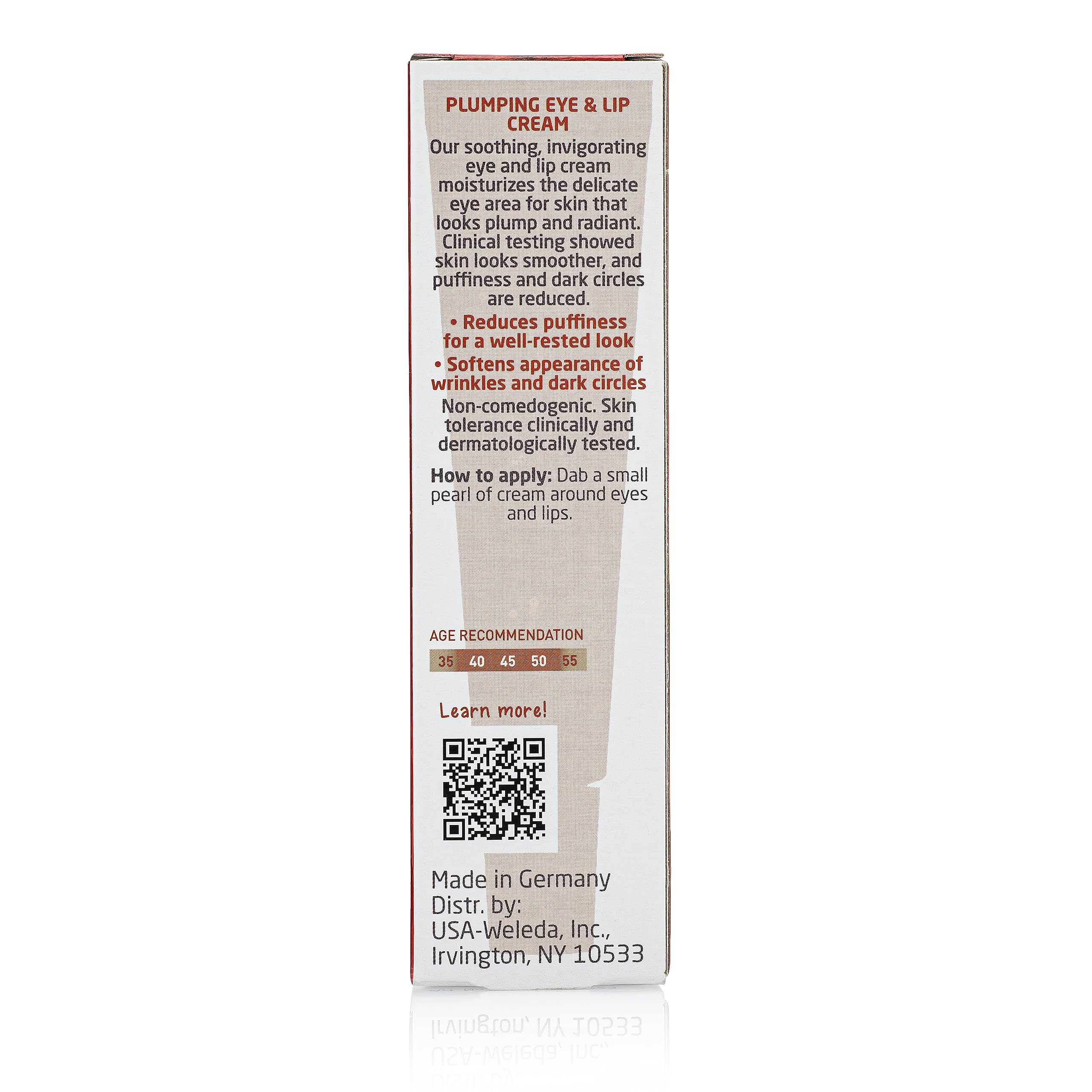 Weleda Plumping Eye and Lip Cream with maca peptides and pomegranate, shown in a sleek jar with fresh pomegranate and maca roots.